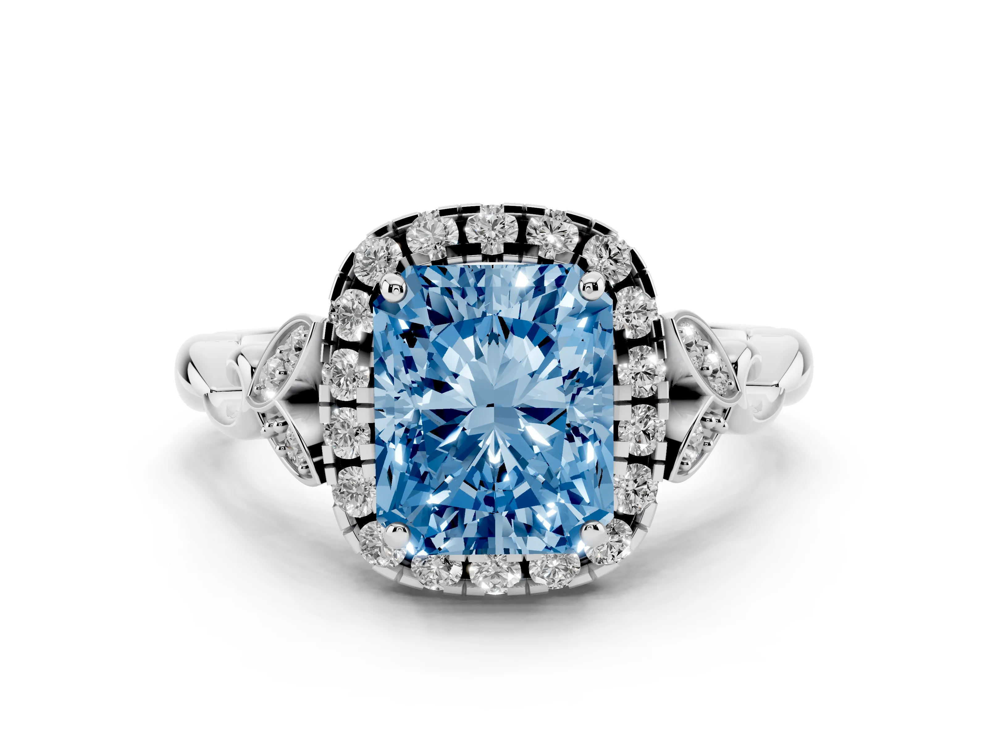 Fancy Blue Radiant Cut Diamond Halo Engagement Ring Set in Platinum with Vintage-Inspired Band and Prong Setting