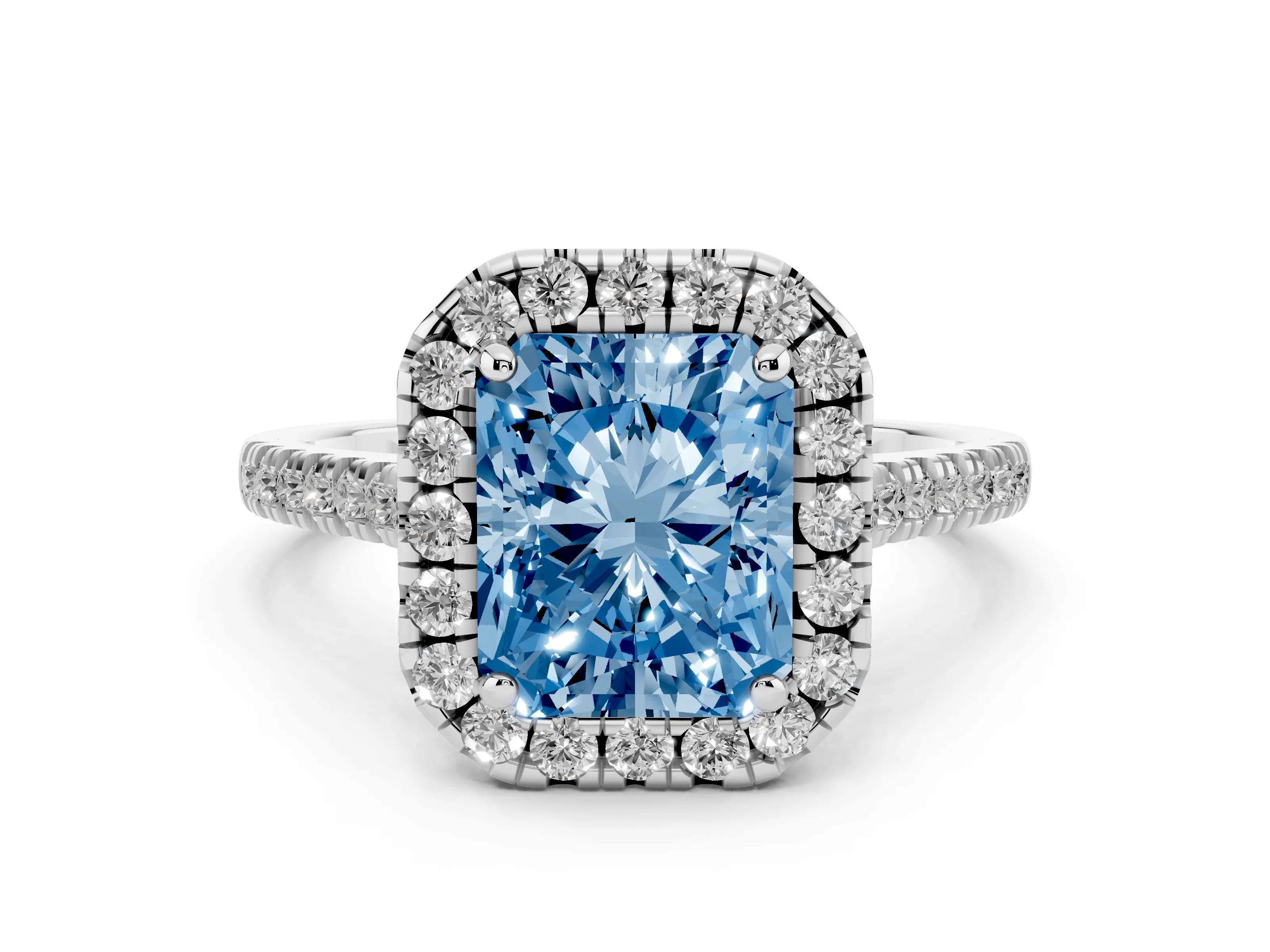 Fancy Blue Radiant Cut Diamond Cushion Halo Ring Set in White gold with Pavé Band