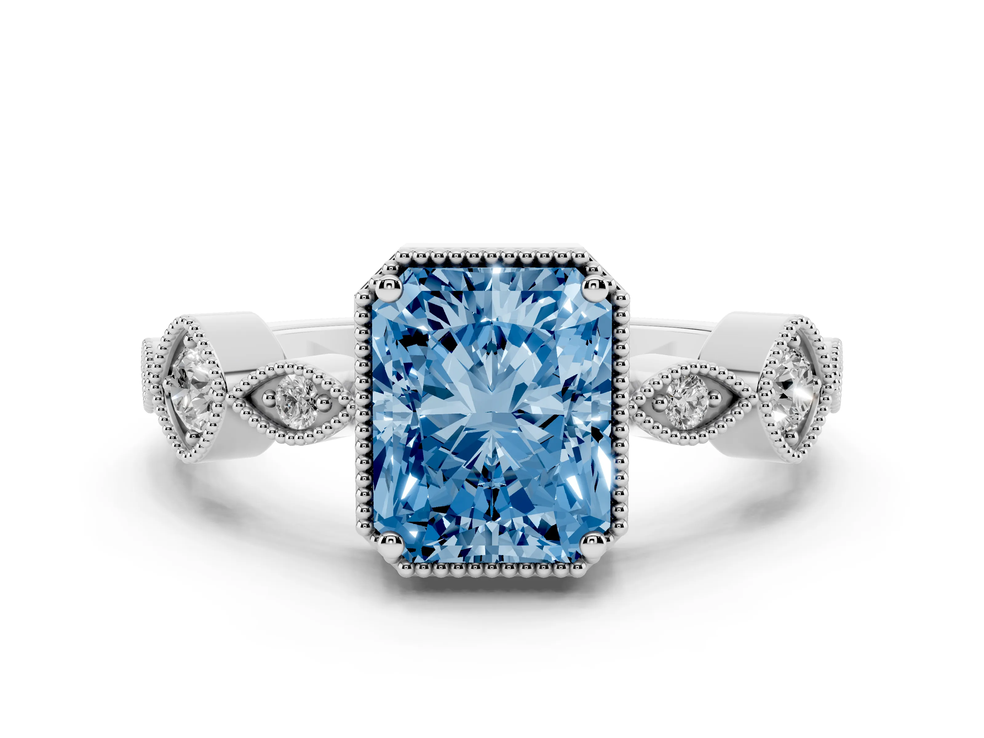 Fancy Blue Radiant Cut Diamond Vintage-Inspired Milgrain Ring Set in White gold with Marquise Stations of Round Accents