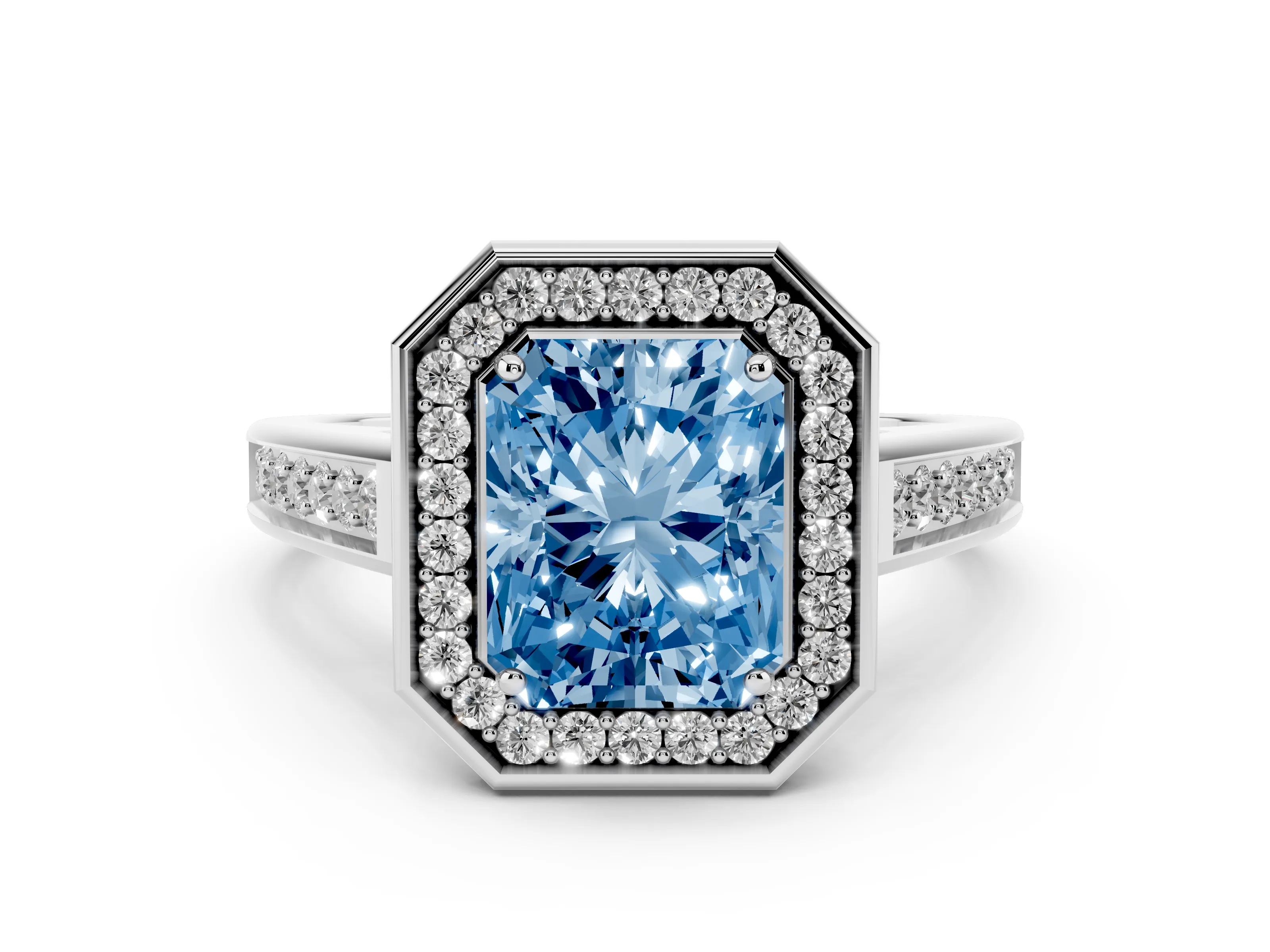 Fancy Blue Radiant Cut Diamond Halo Solitaire Ring Set in Platinum with Pavé Band and Bezel Setting
