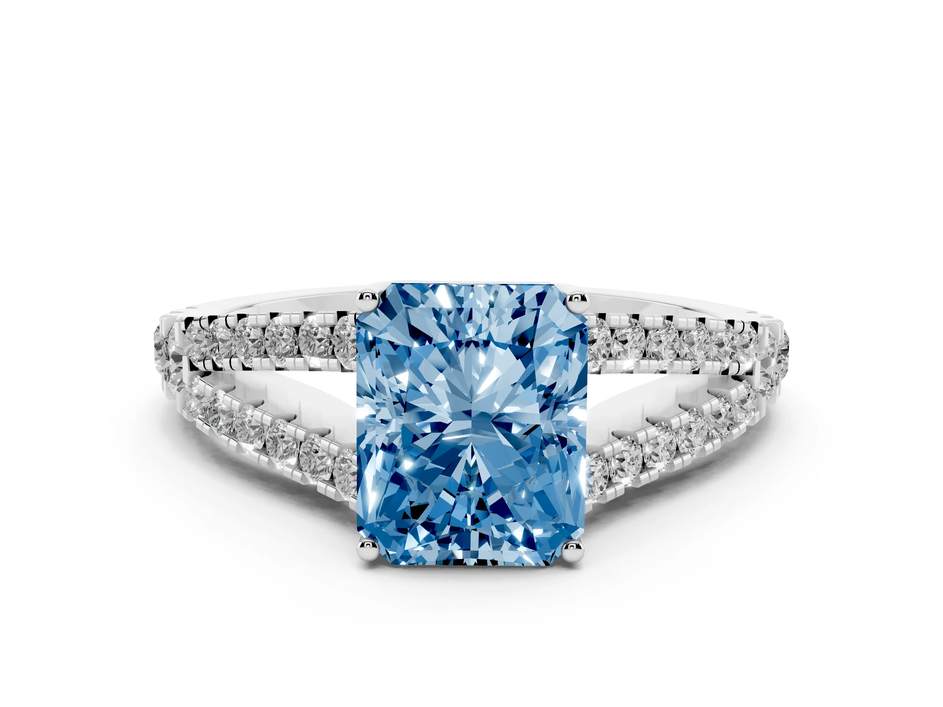 Fancy Blue Radiant Cut Diamond Split Shank Pavé Engagement Ring Set in Platinum with Prong-Held Center Stone