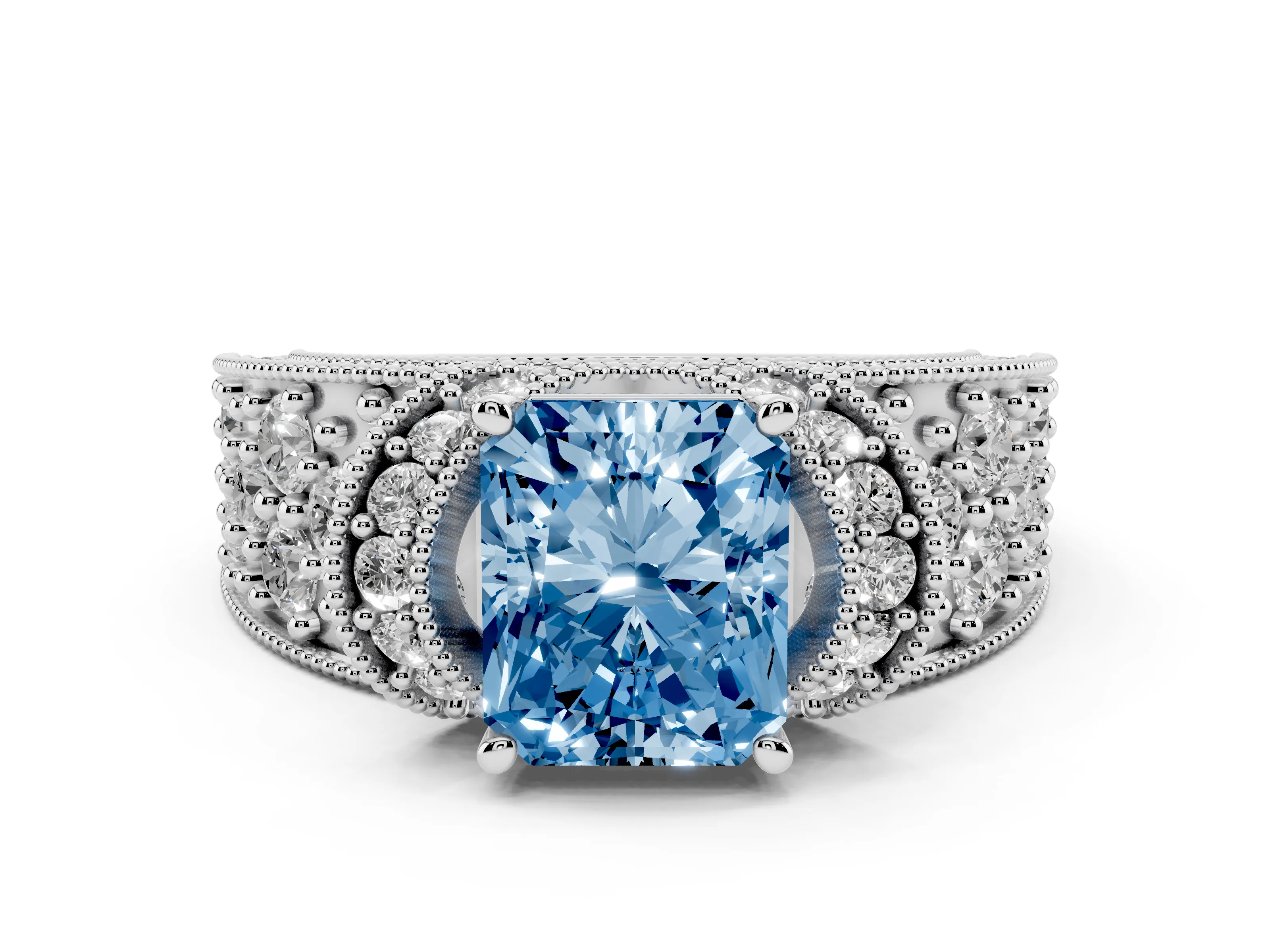 Fancy Blue Radiant Cut Diamond Milgrain Halo Pavé Engagement Ring Set in Platinum with Prong Setting