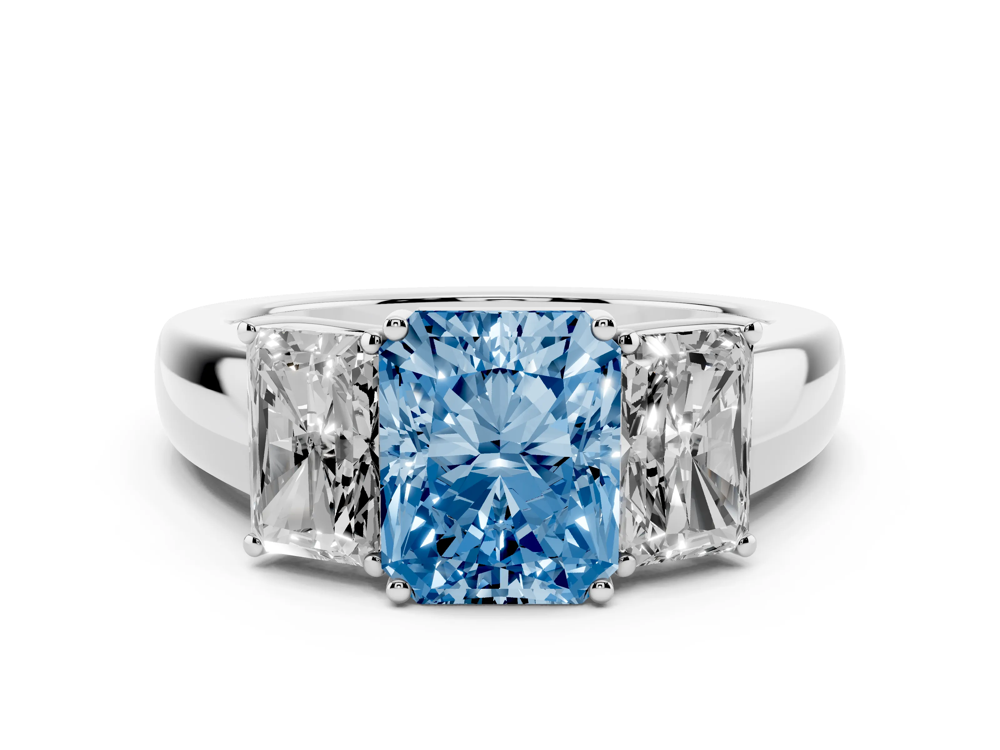 Fancy Blue Three-Stone Radiant Cut Diamond Ring Set in Silver with Matching Prong Settings and Plain Band