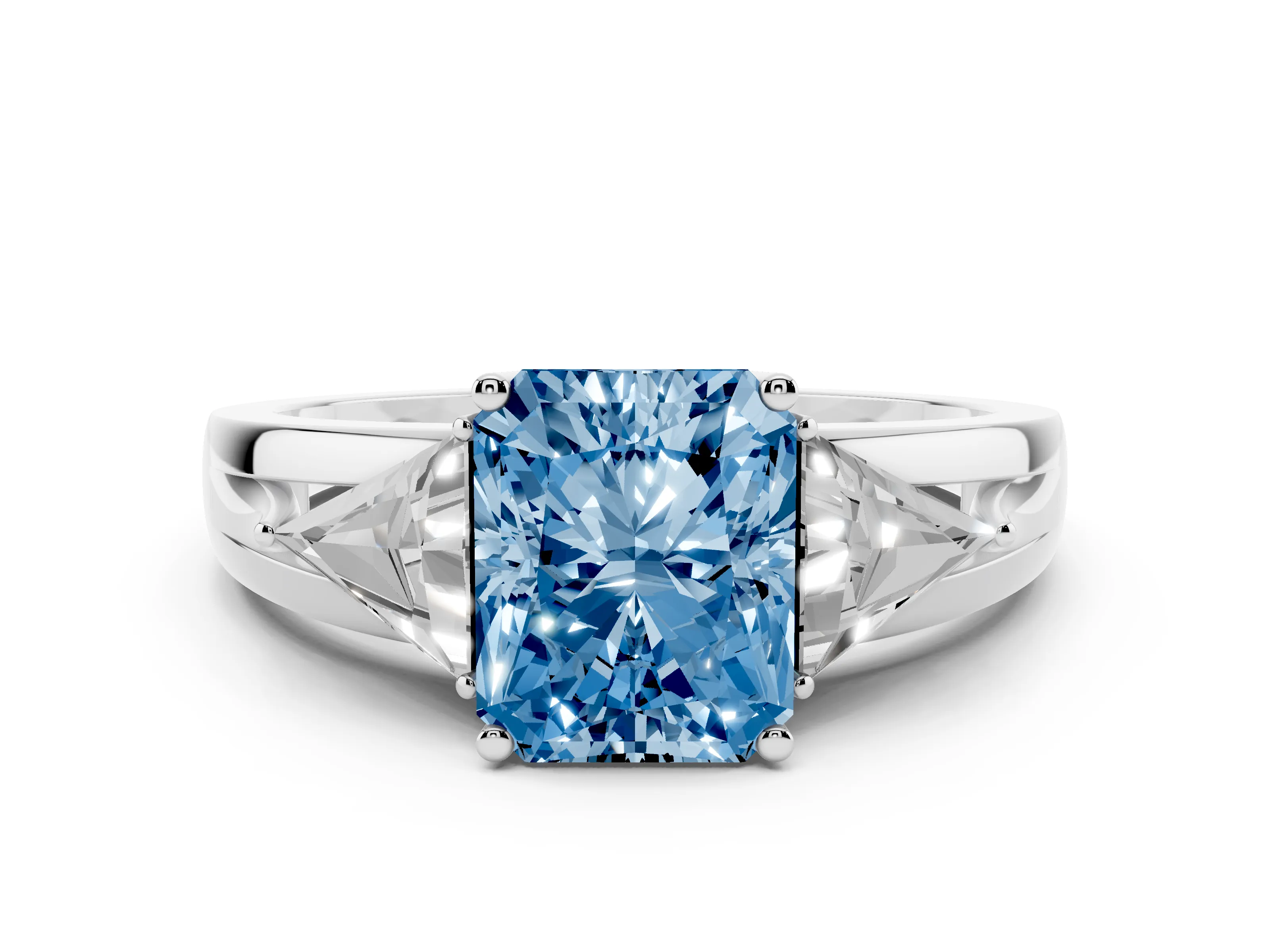 Fancy Blue Radiant Cut Diamond Three-Stone Ring Set in Silver with Trillion Side Stones and Split Shank