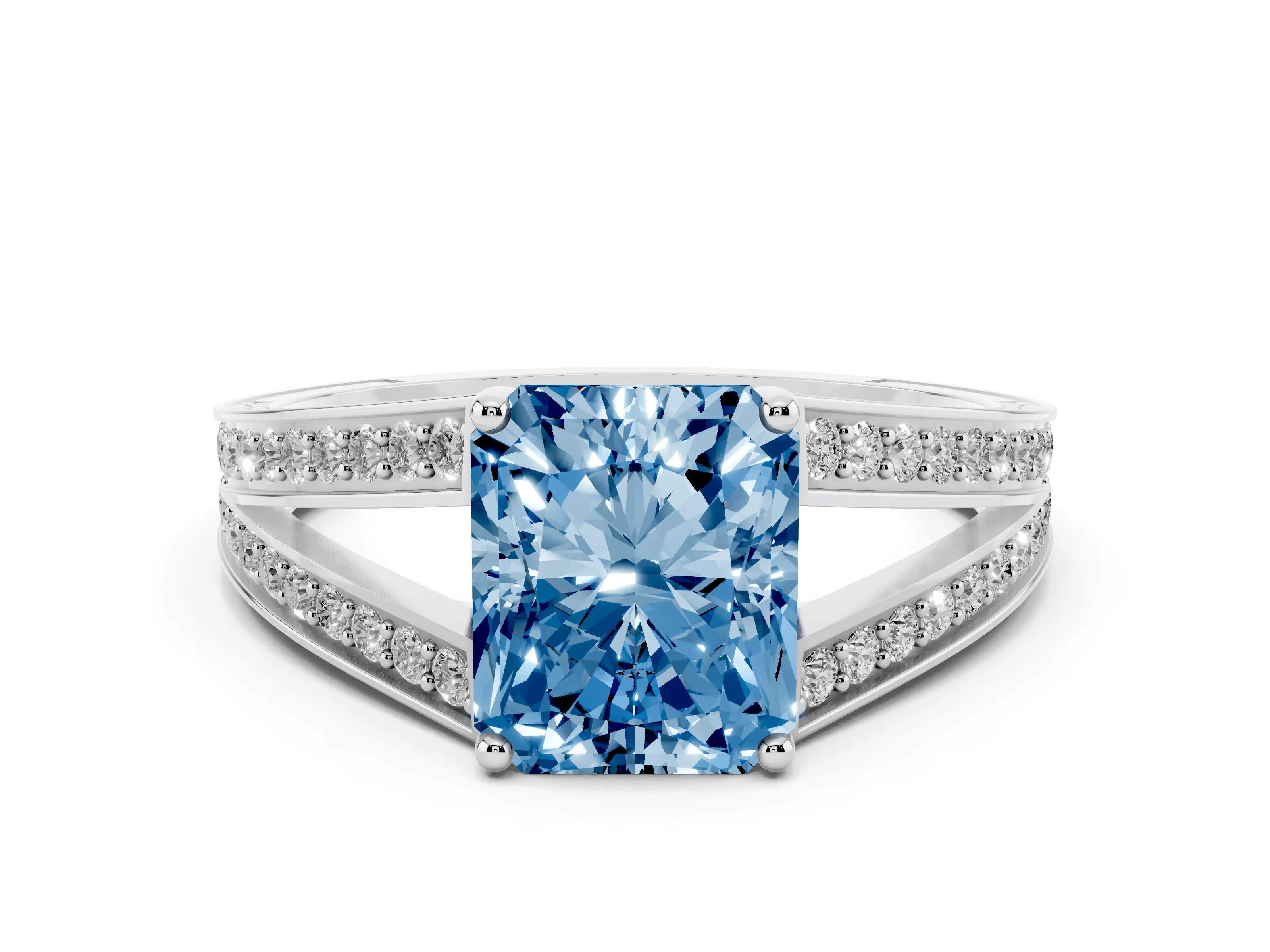 Fancy Blue Radiant Cut Diamond Split Shank Ring Set in Platinum with Pavé Band and Prong Setting