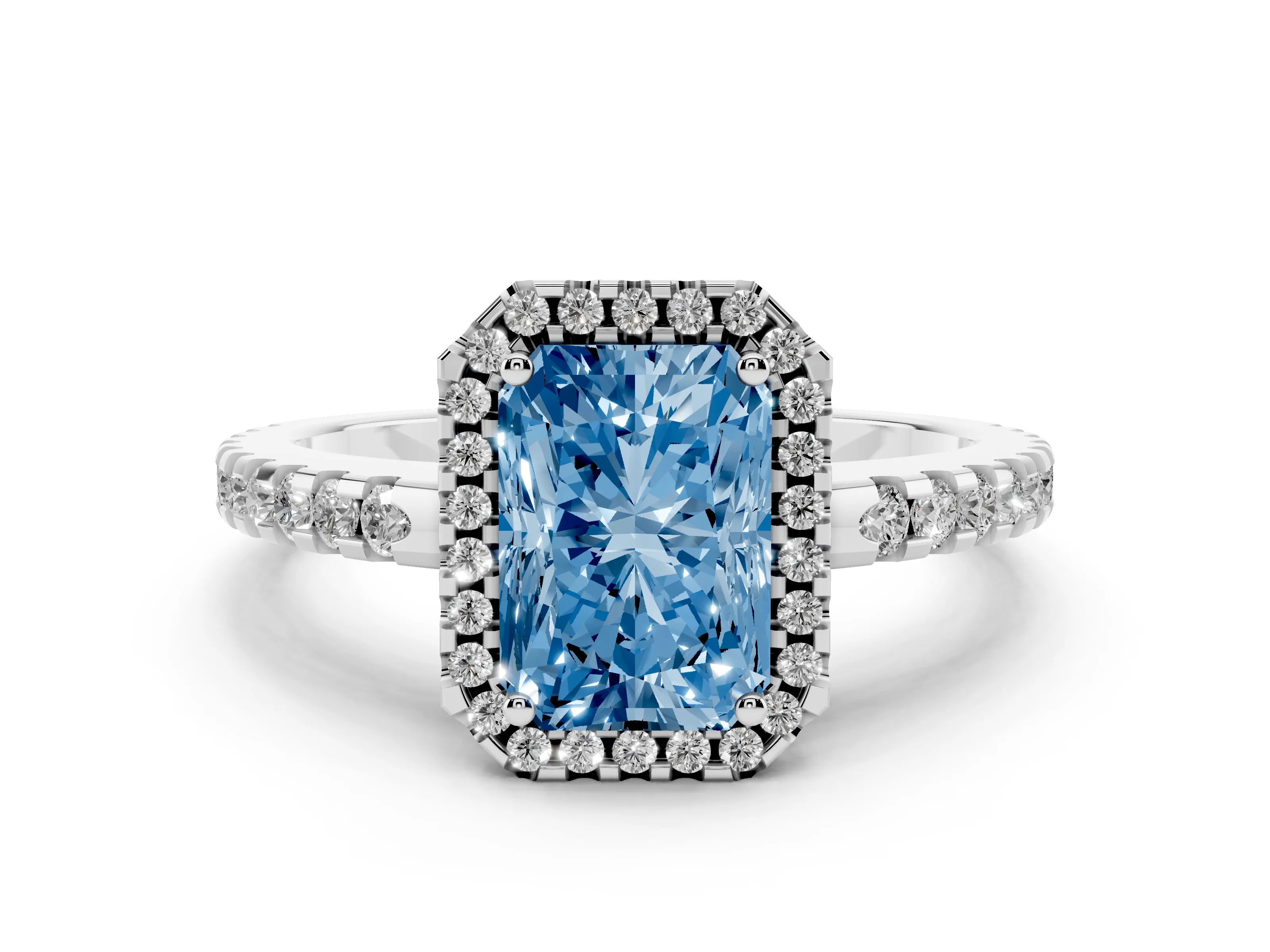 Fancy Blue Radiant Cut Diamond Halo Ring Set in Platinum with Pavé Shoulders and Halo-Framed Center