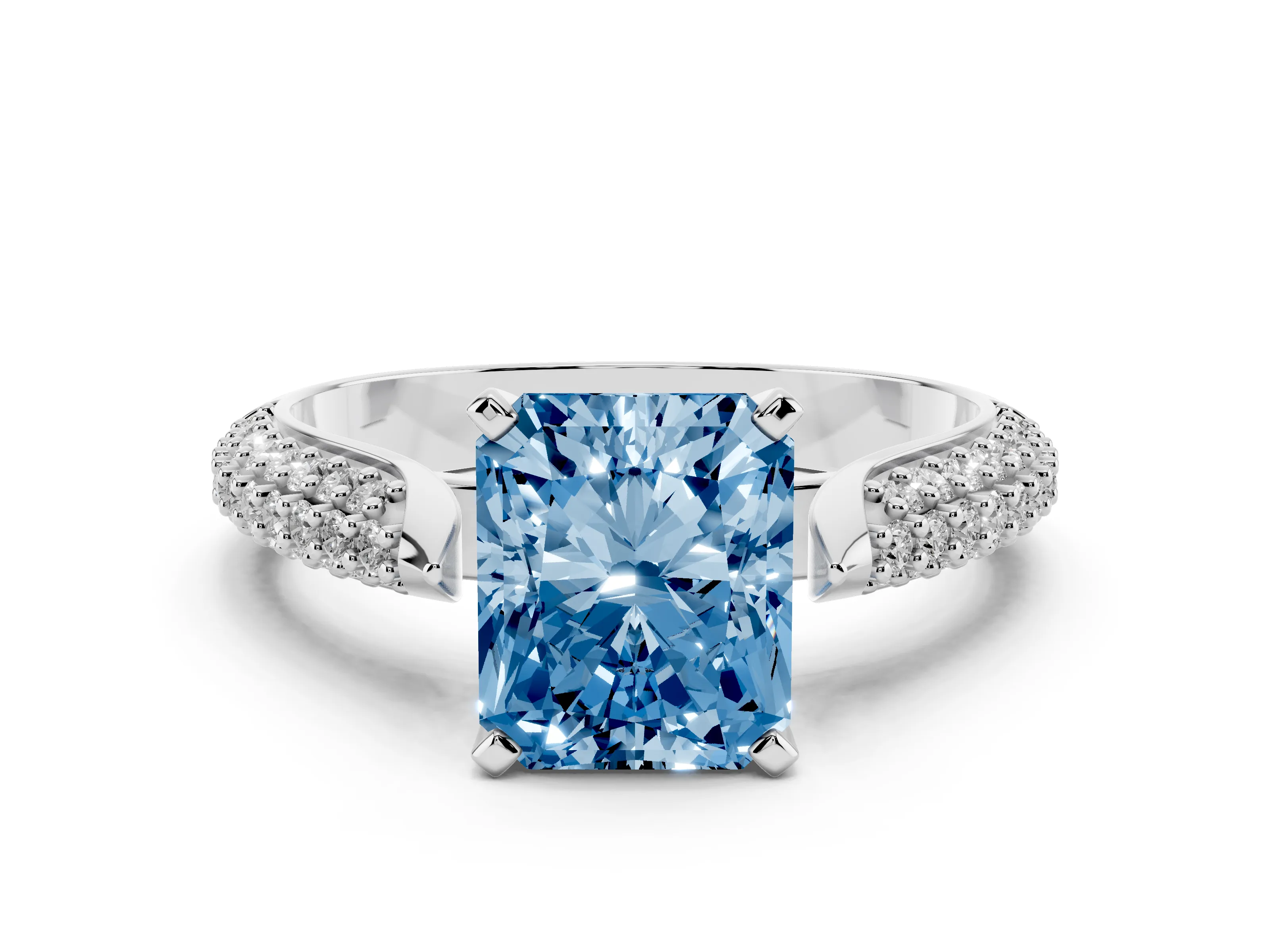 Fancy Blue Radiant Cut Diamond Solitaire Engagement Ring Set in Platinum with Multi-Row Round Pavé Band and Prong Setting