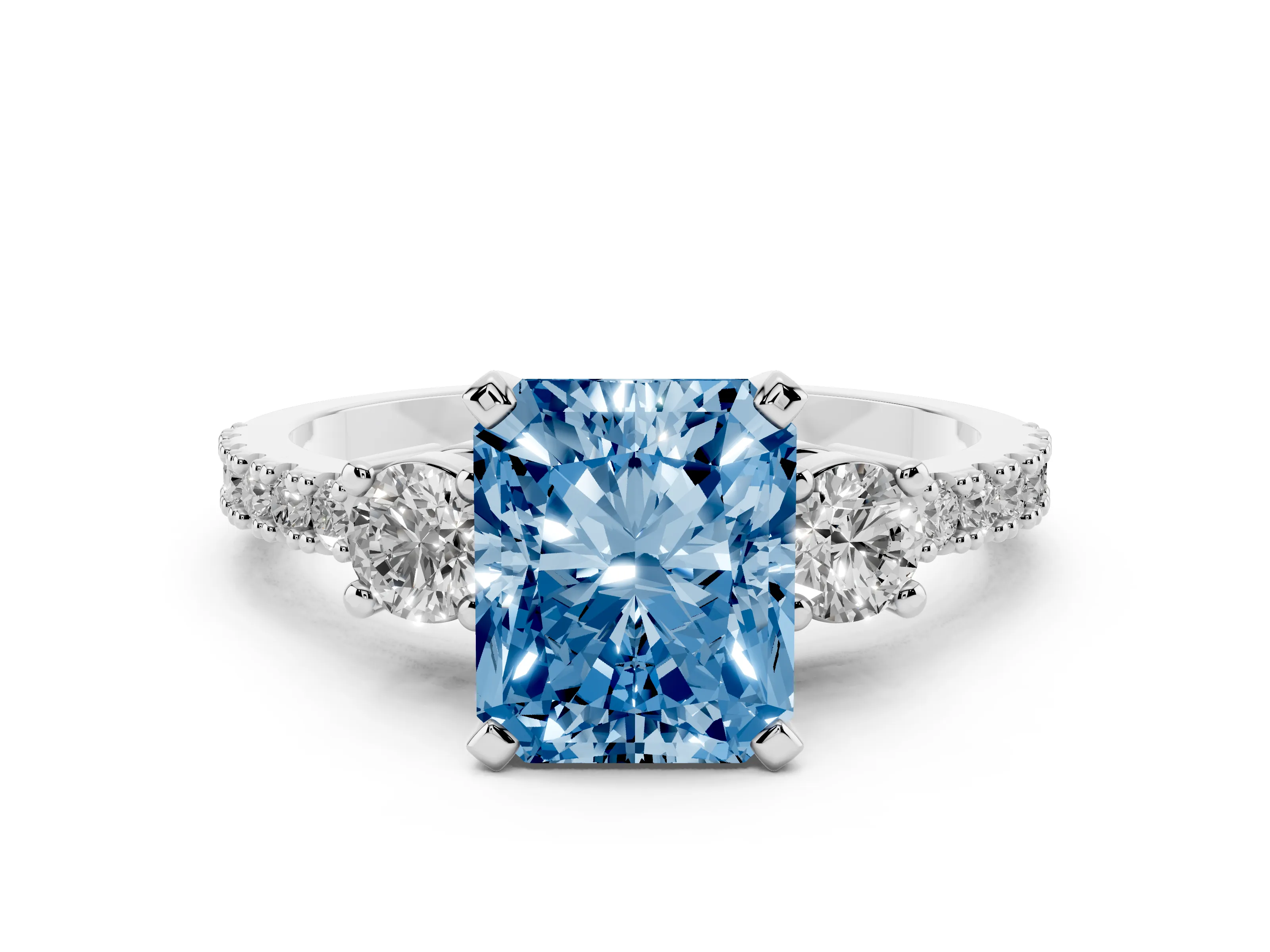 Fancy Blue Three-Stone Radiant Cut Diamond Pavé Band Ring Set in Silver with Prong Setting