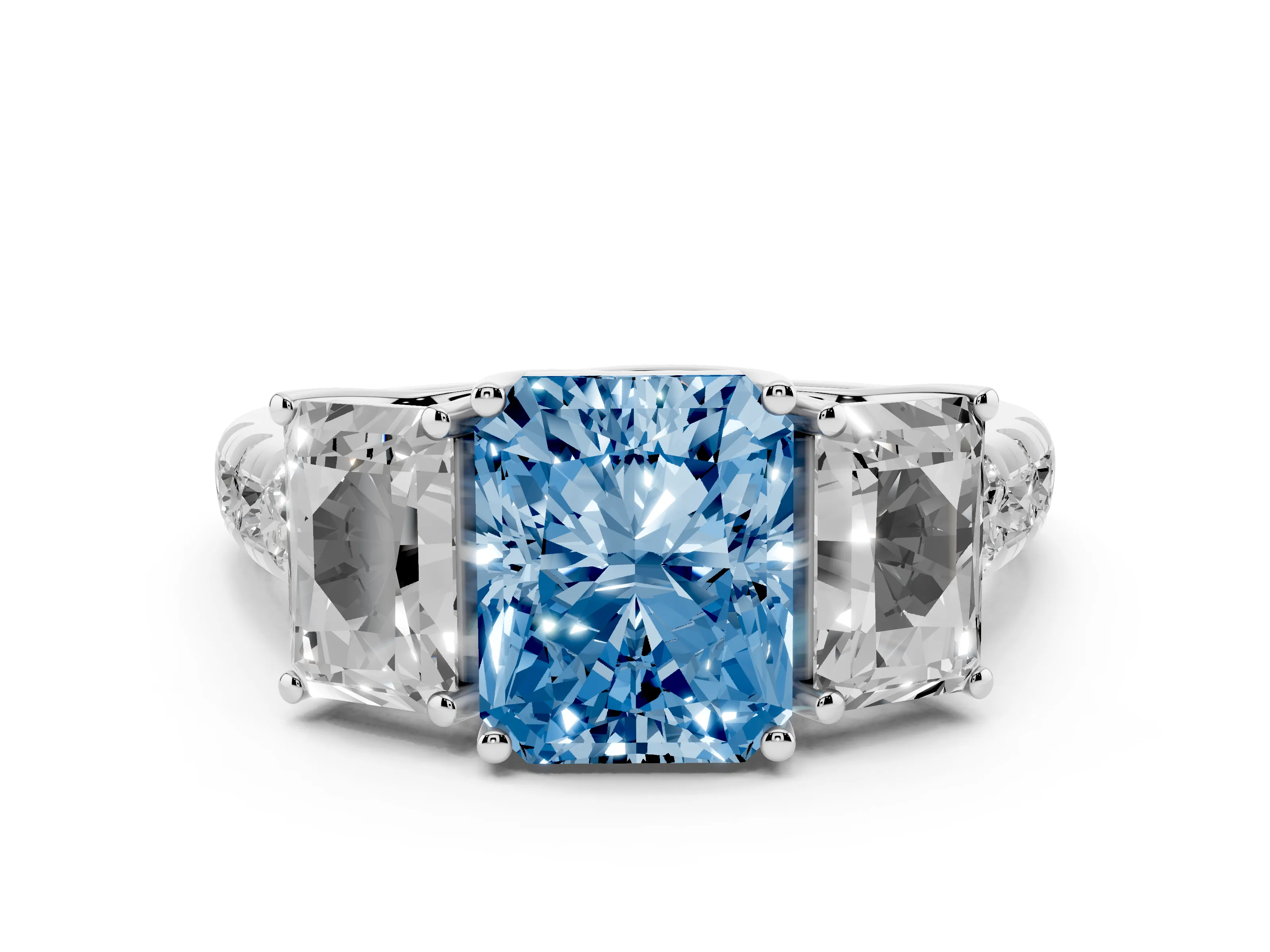 Fancy Blue Radiant Cut Diamond Three-Stone Ring Set in Platinum with Pavé Band