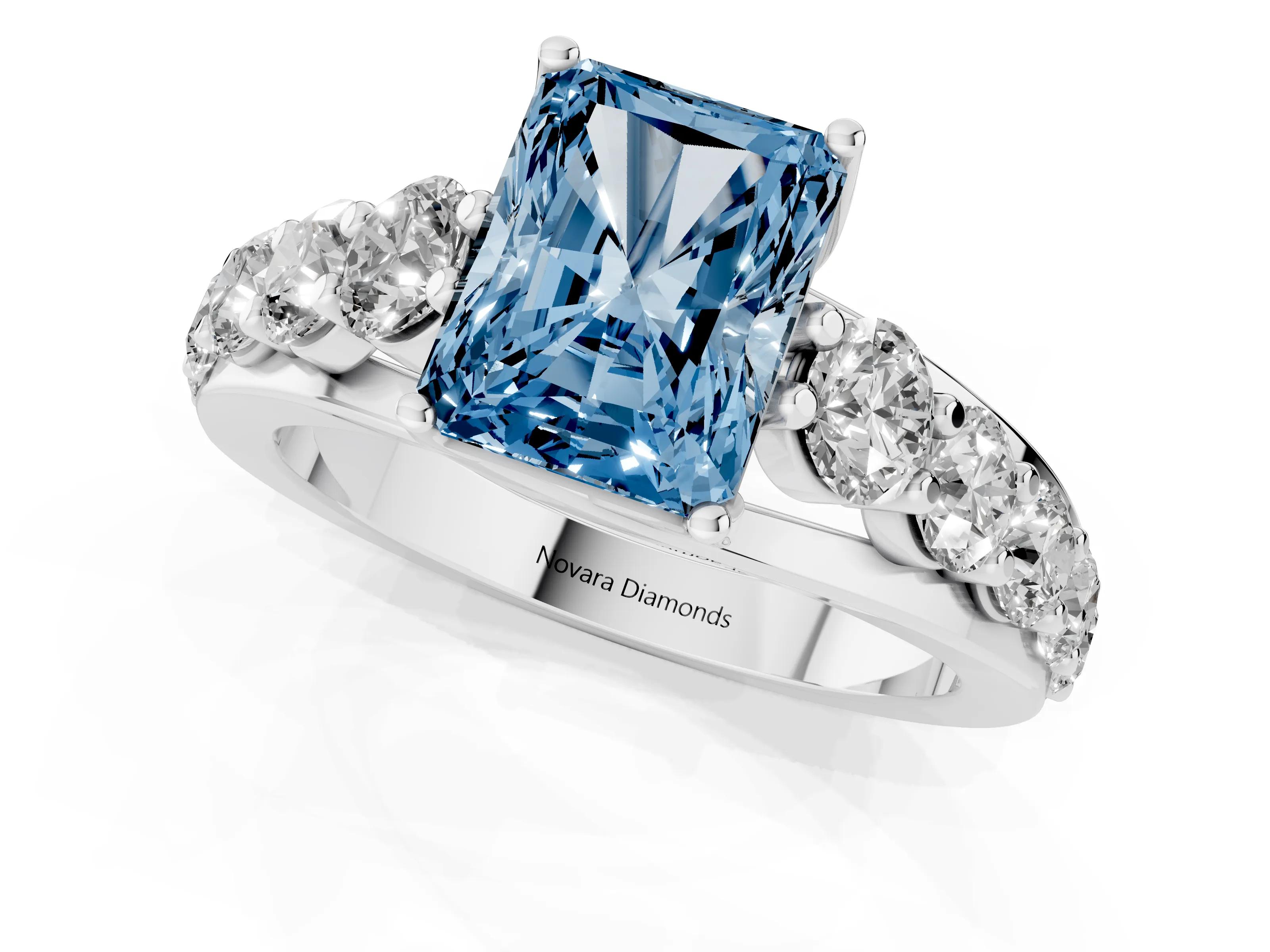 Fancy Blue Radiant Cut Diamond Pavé Engagement Ring Set in Silver with Prong Setting