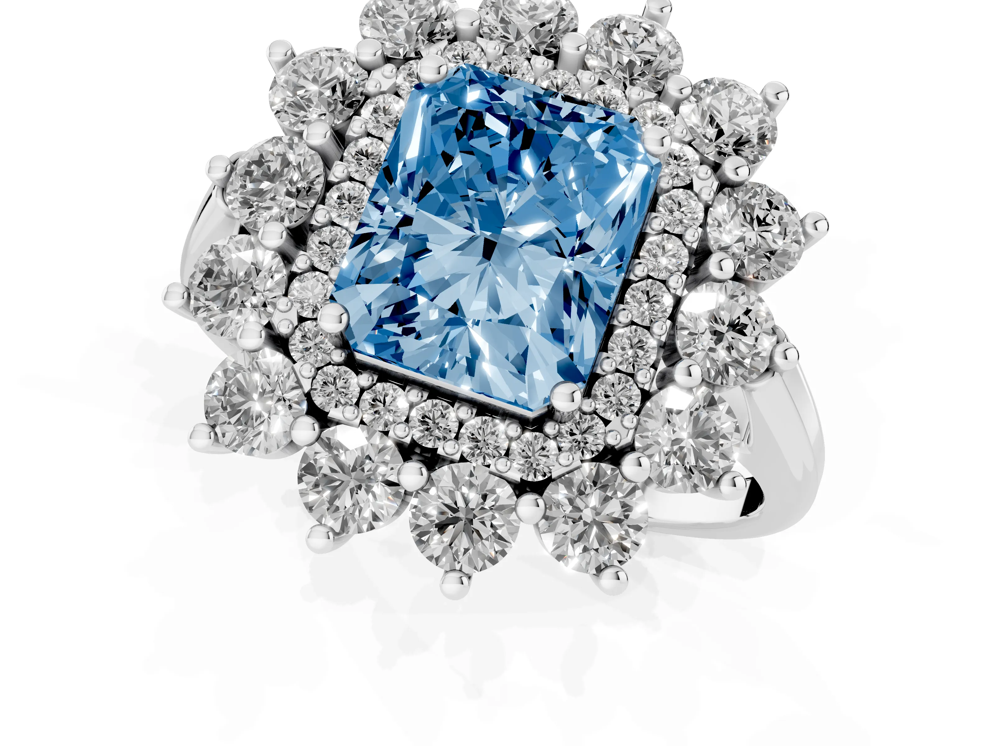 Fancy Blue Radiant Cut Diamond Floral Double Halo Ring Set in Platinum with Round Petals