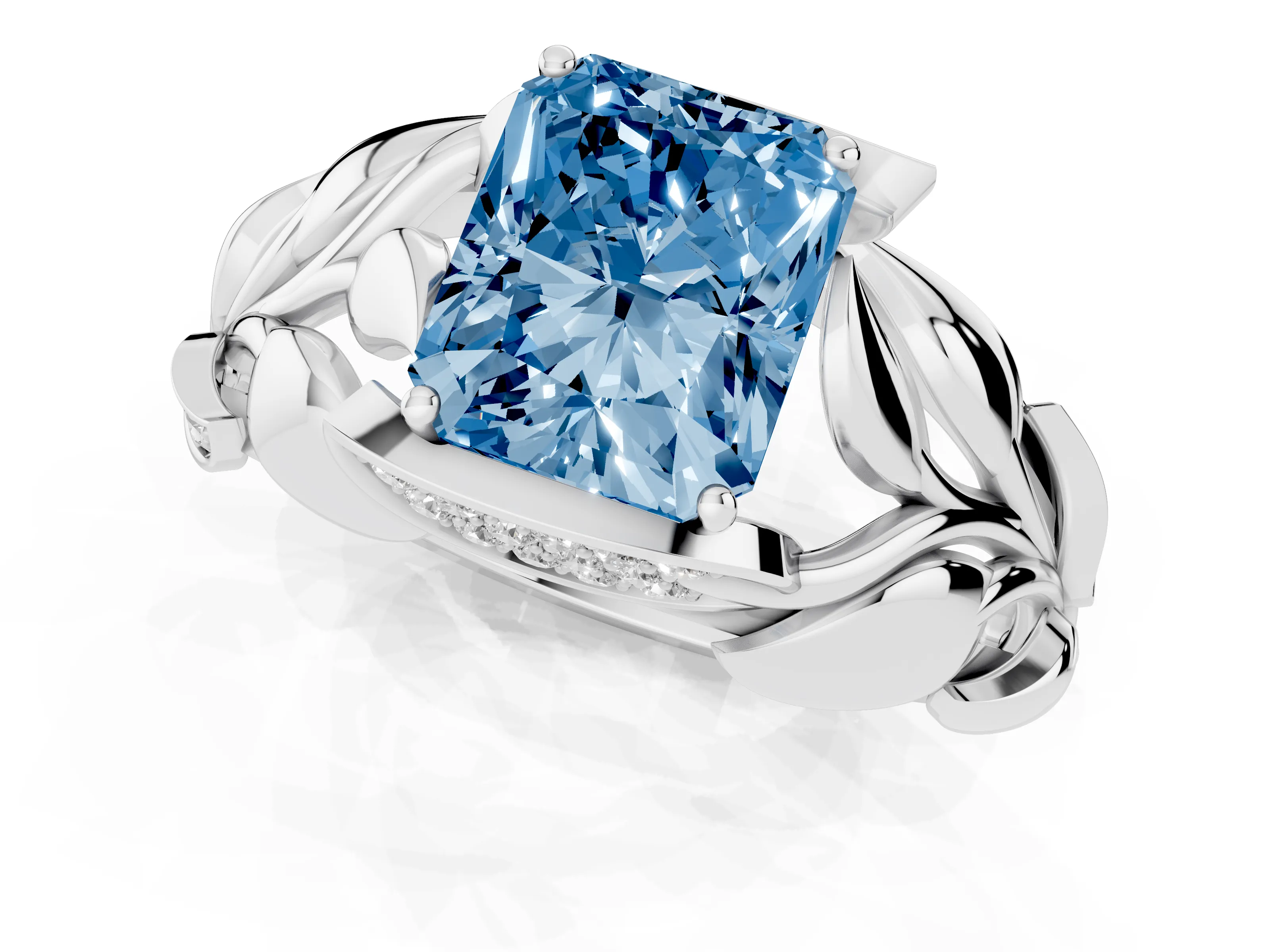 Fancy Blue Radiant Cut Diamond Leaf-Inspired Engagement Ring Set in White gold with Round Accents – second view