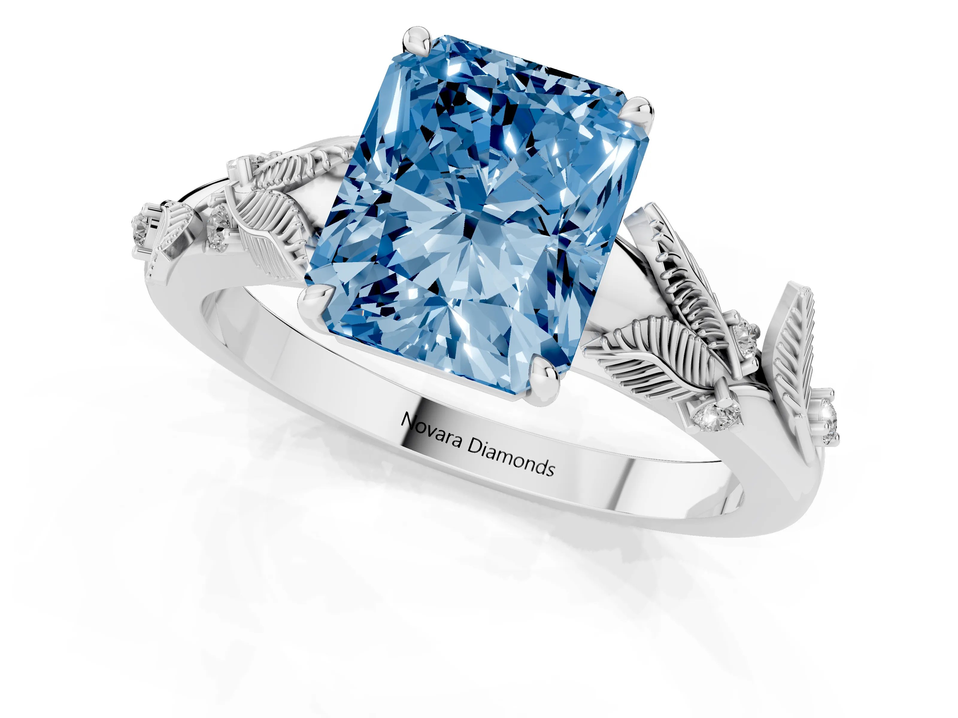 Fancy Blue Radiant Cut Diamond Solitaire Ring Set in White gold with Leaf Motif Band