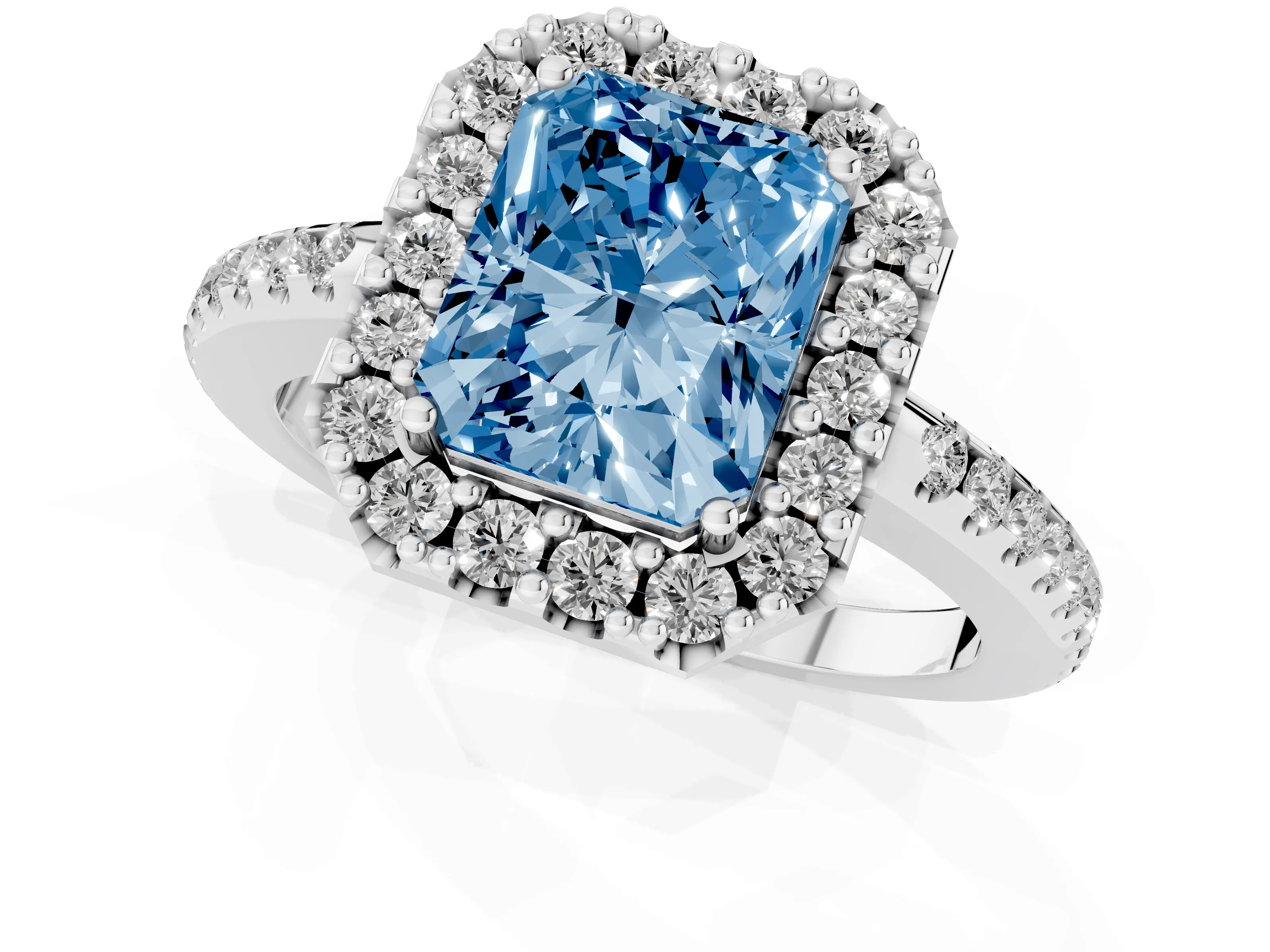Fancy Blue Radiant Cut Diamond Pavé Halo Ring Set in Silver with Prong Setting