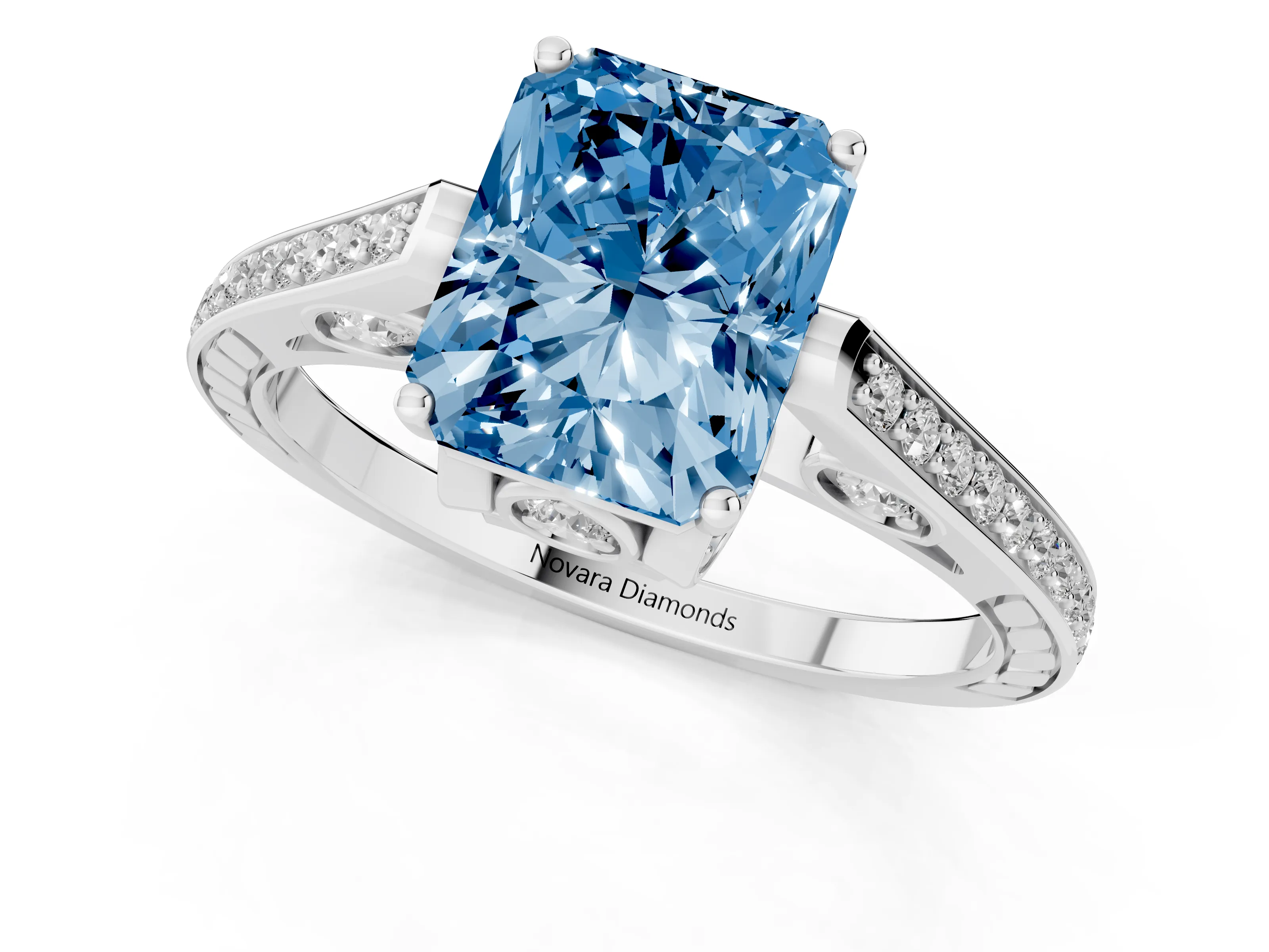 Fancy Blue Radiant Cut Diamond Cathedral Pavé Engagement Ring Set in Platinum with Prong Setting
