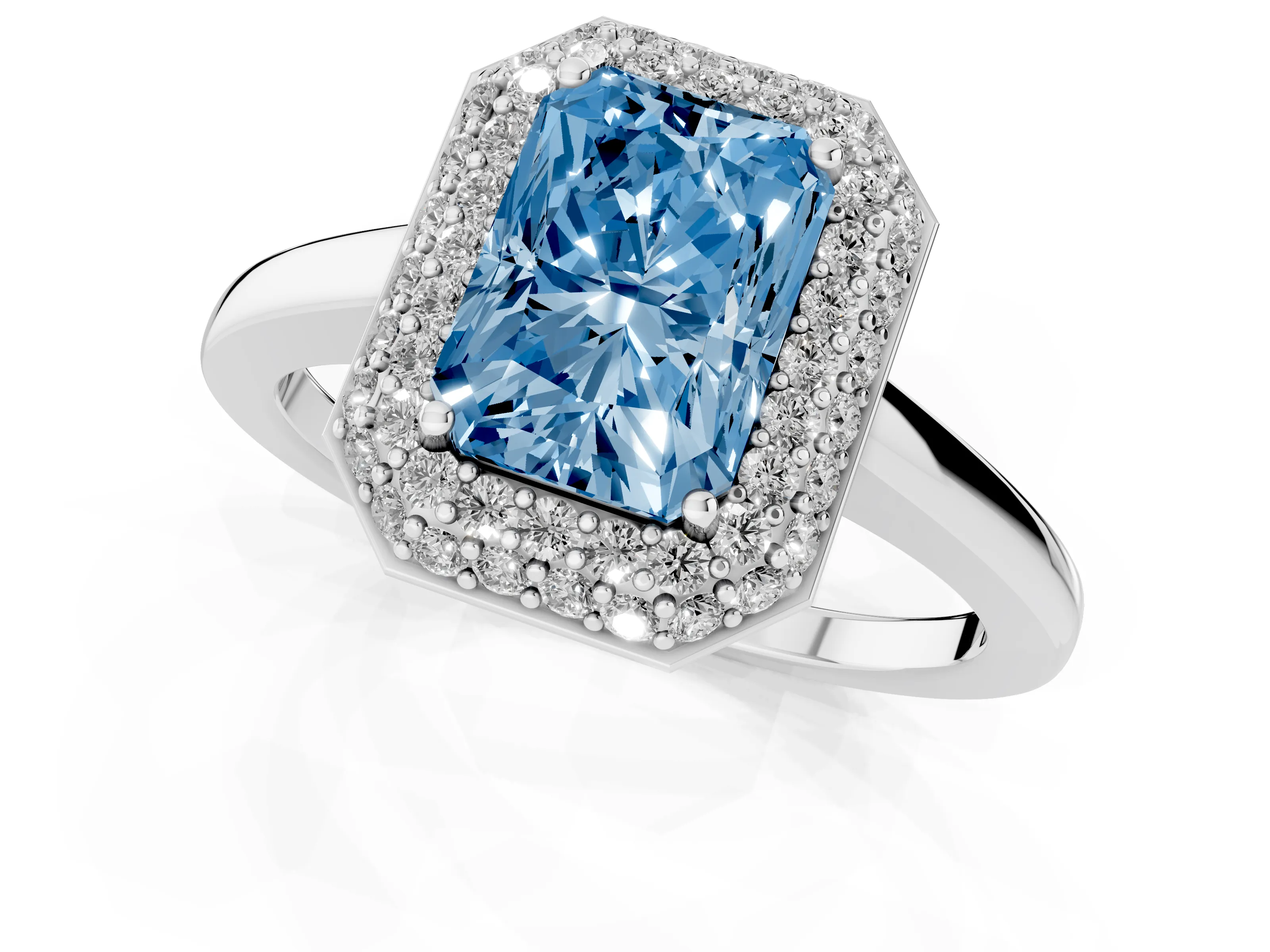 Fancy Blue Radiant Cut Diamond Halo Engagement Ring Set in Platinum with Solitaire Band and Prong Setting