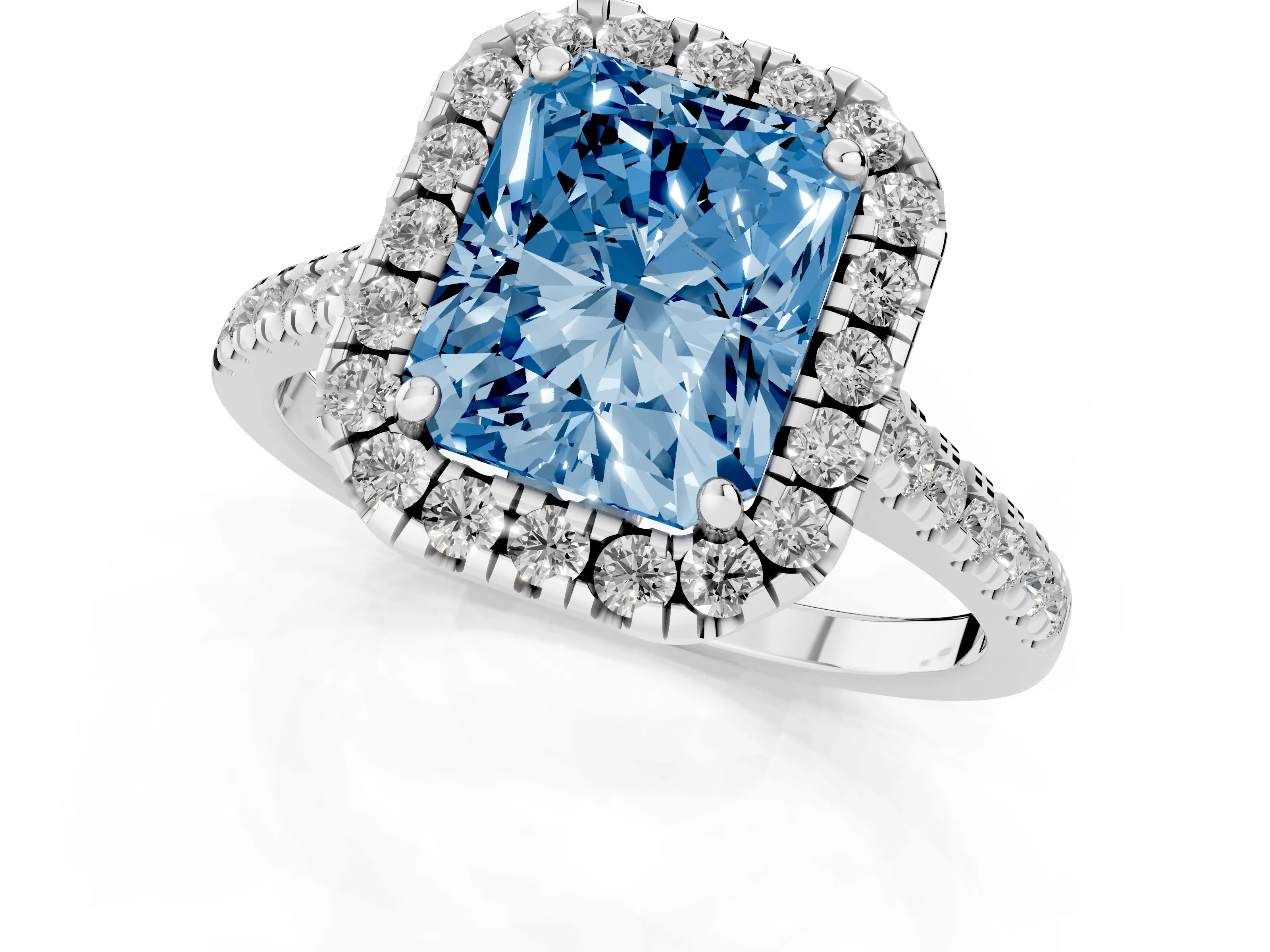 Fancy Blue Radiant Cut Diamond Cushion Halo Ring Set in White gold with Pavé Band – second view