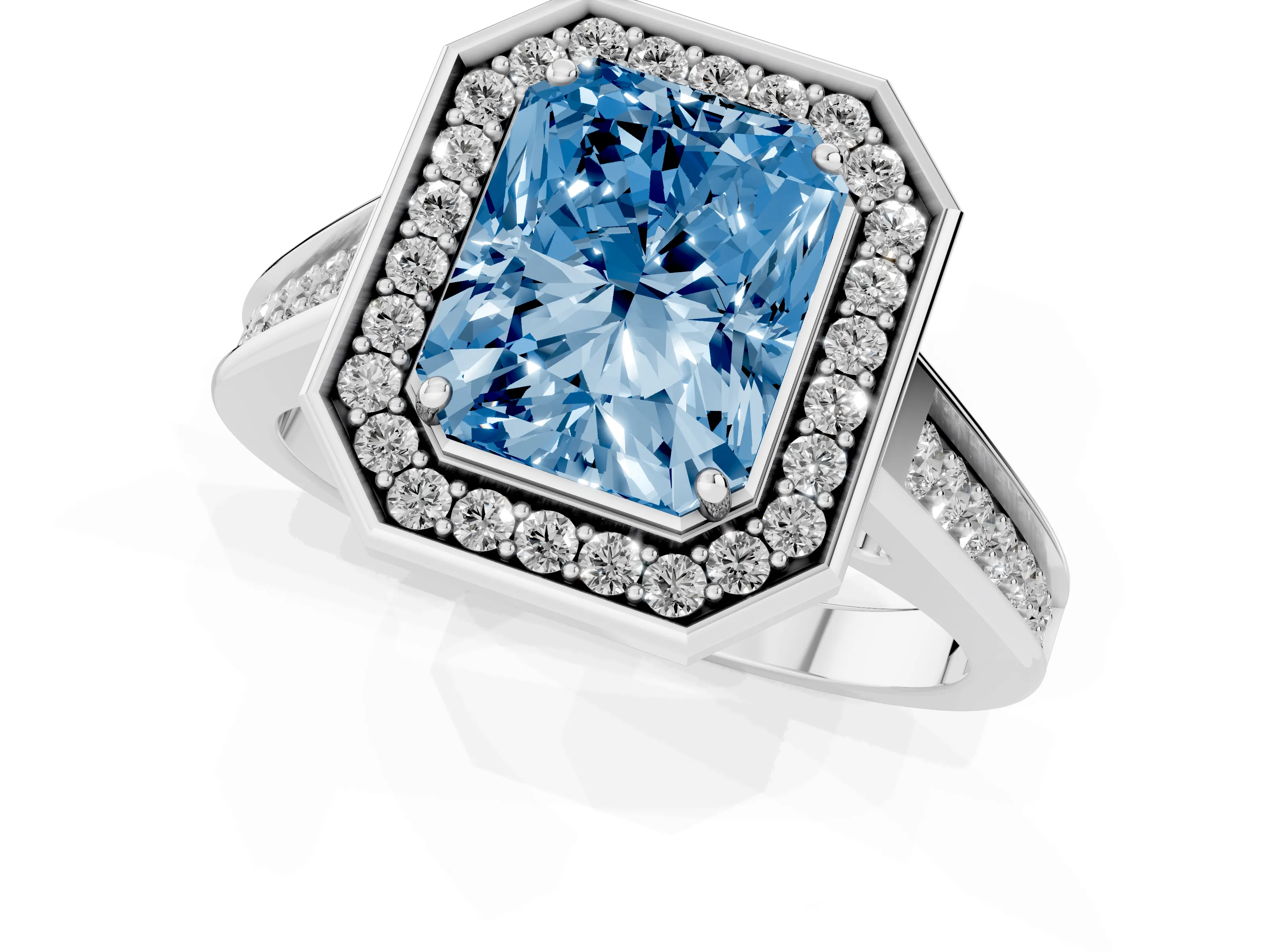 Fancy Blue Radiant Cut Diamond Halo Solitaire Ring Set in White gold with Pavé Band and Bezel Setting