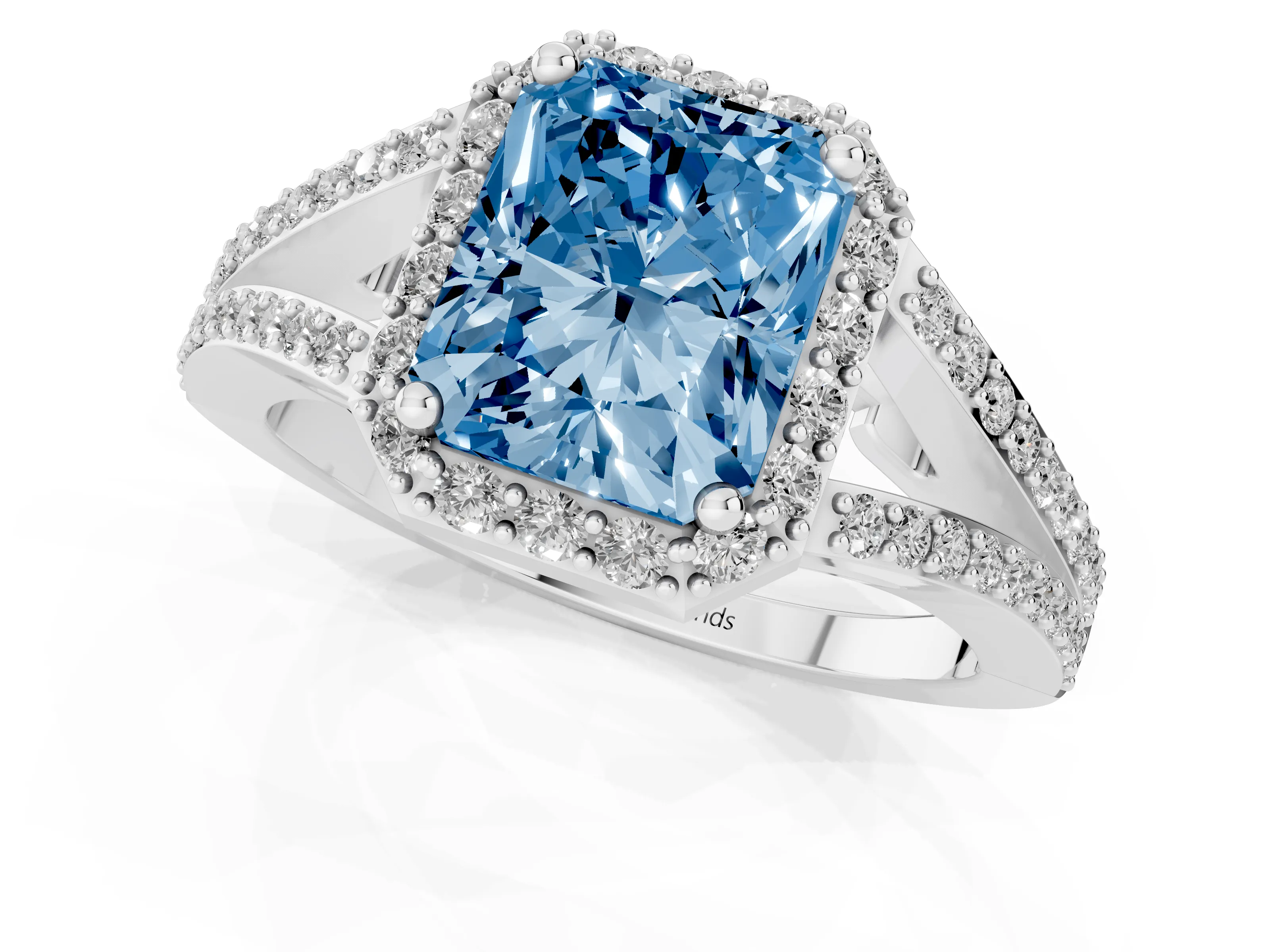 Fancy Blue Radiant Cut Diamond Halo Split Shank Pavé Ring Set in Silver with Prong Setting