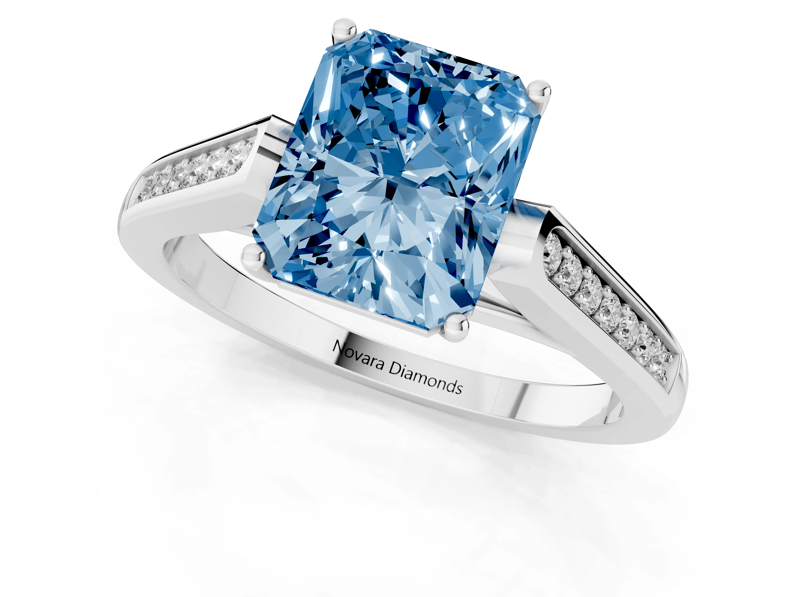 Fancy Blue Radiant Cut Diamond Solitaire Cathedral Engagement Ring Set in Platinum with Channel-Set Band and Prong Setting