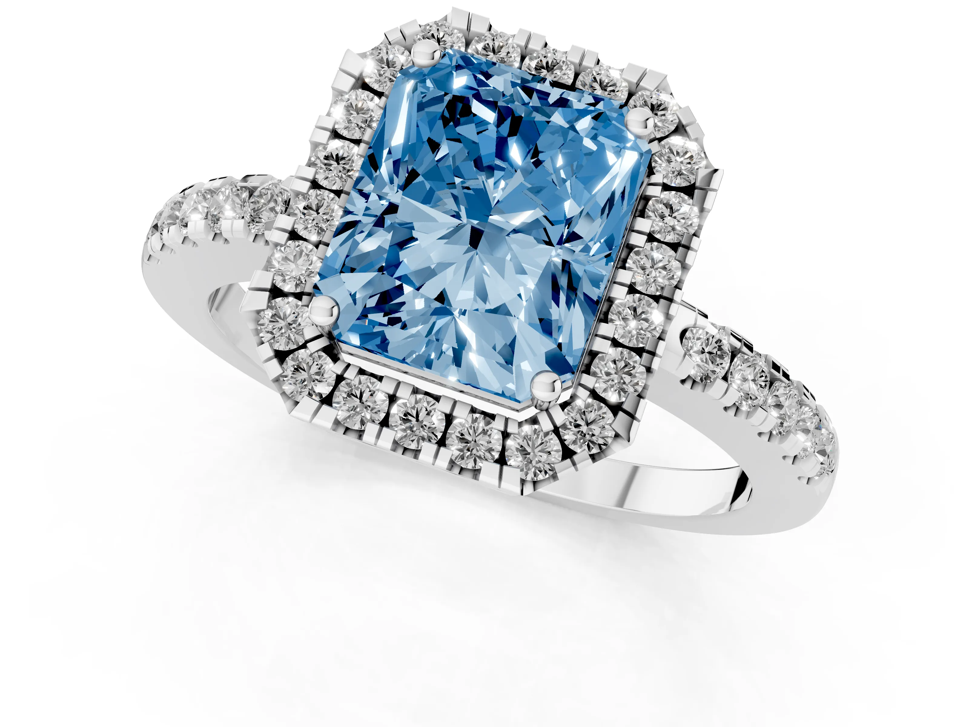Fancy Blue Radiant Cut Diamond Pavé Band Halo Engagement Ring Set in Platinum with Prong Setting