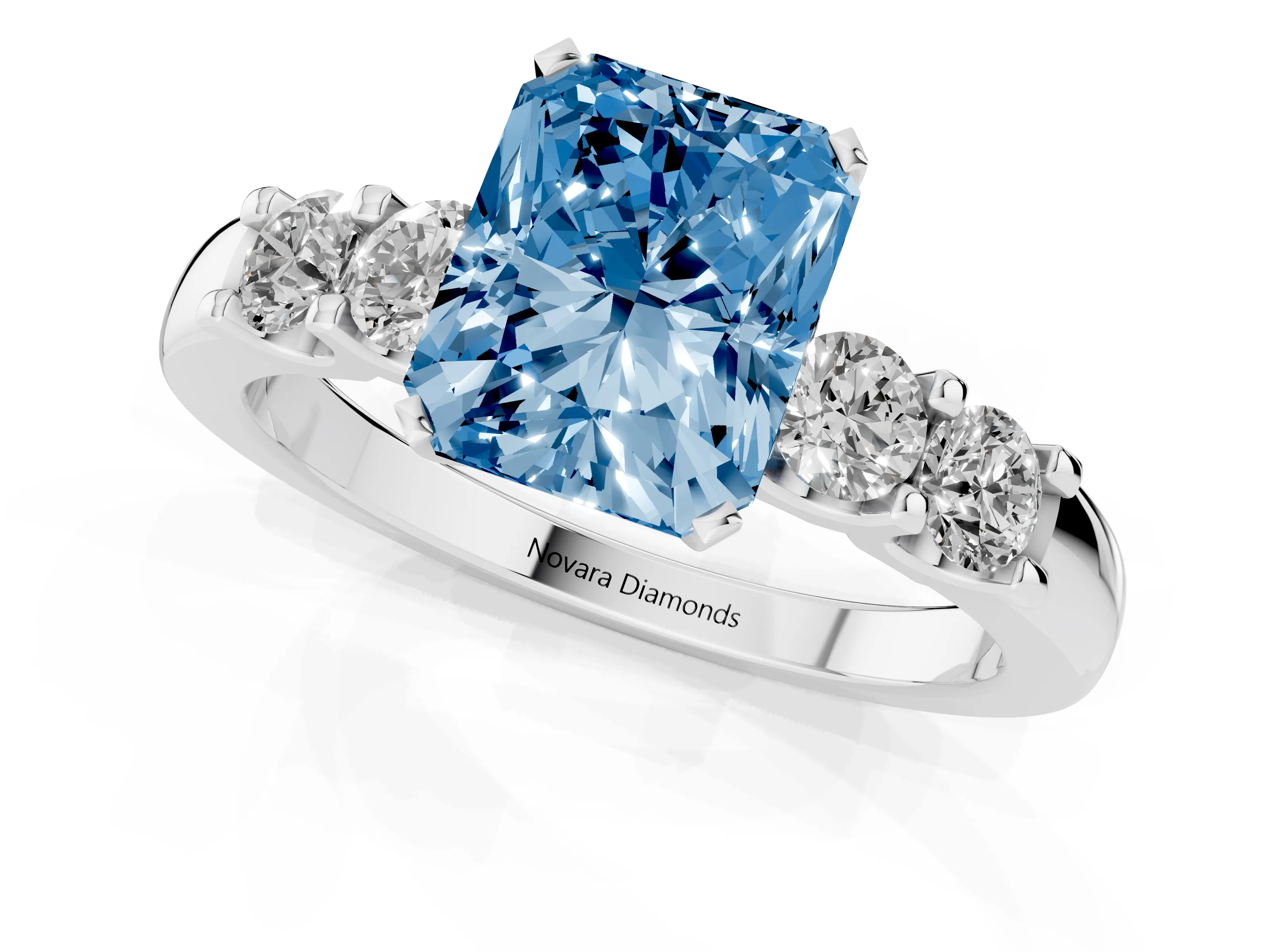Fancy Blue Radiant Cut Diamond Five-Stone Prong Set Engagement Ring Set in Platinum with Channel Band