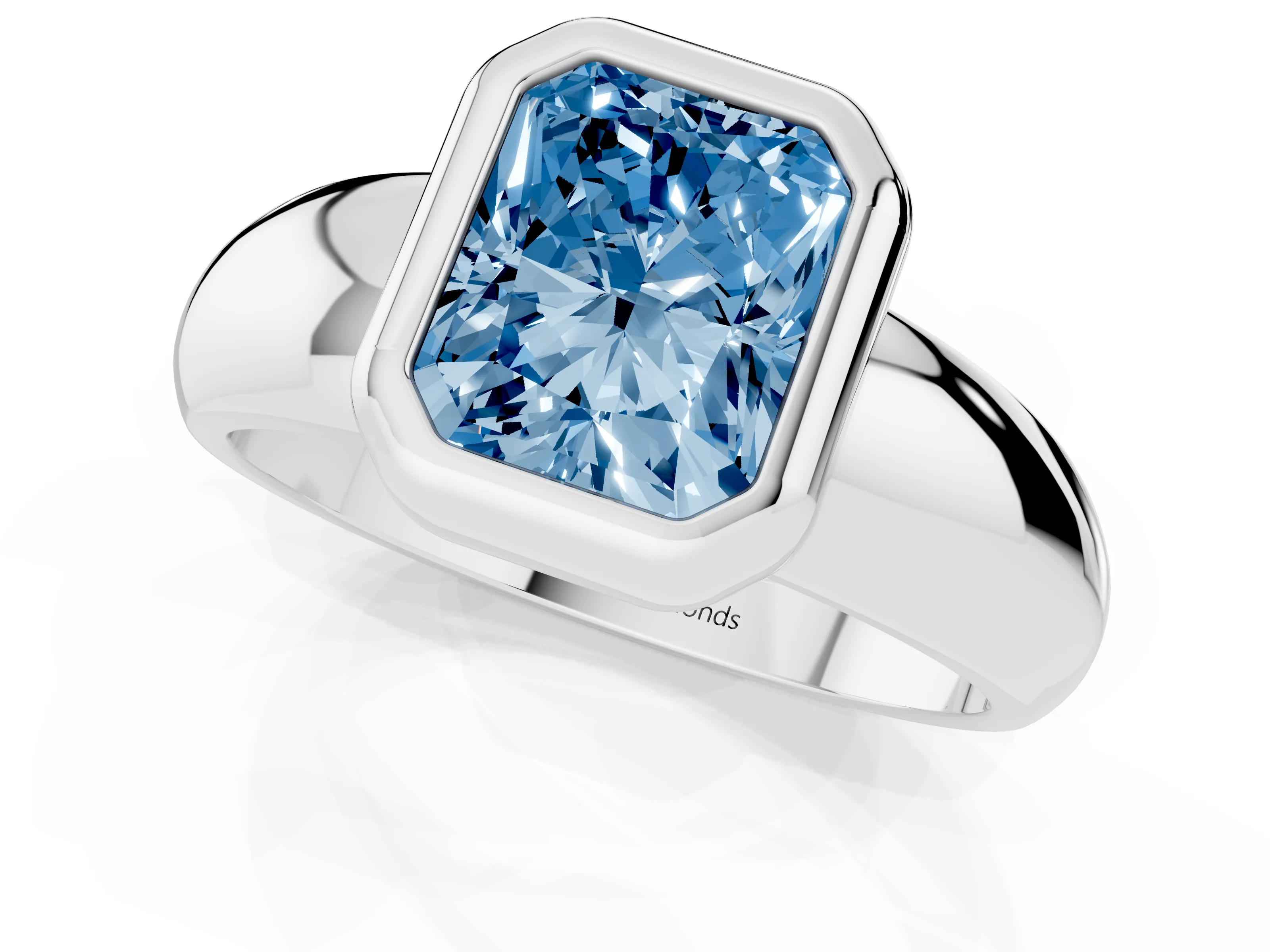 Fancy Blue Bezel Set Radiant Cut Diamond Solitaire Ring Set in Silver with Wide Band
