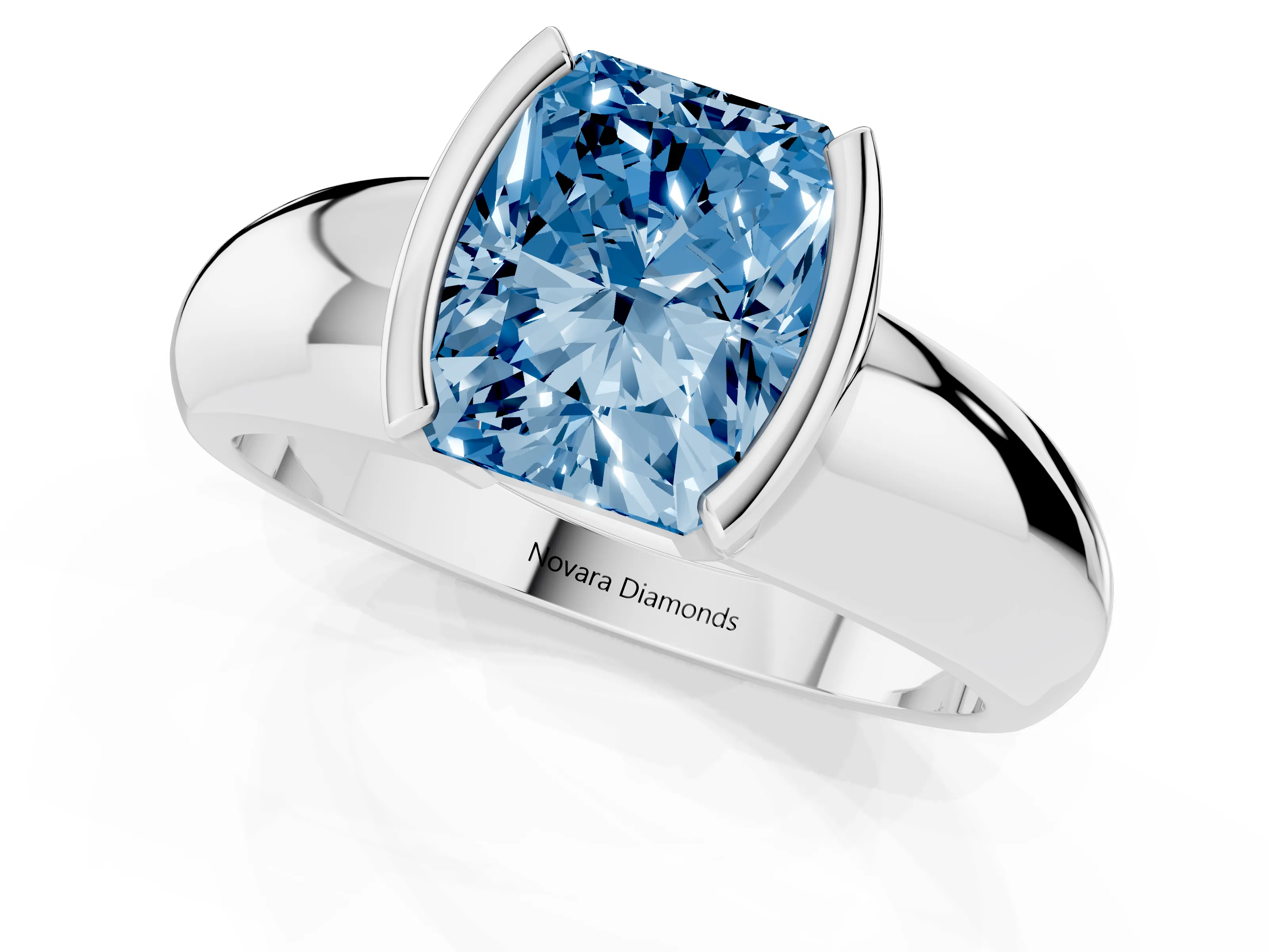 Fancy Blue Radiant Cut Diamond Solitaire Tension Set Ring Set in White gold with Wide Band