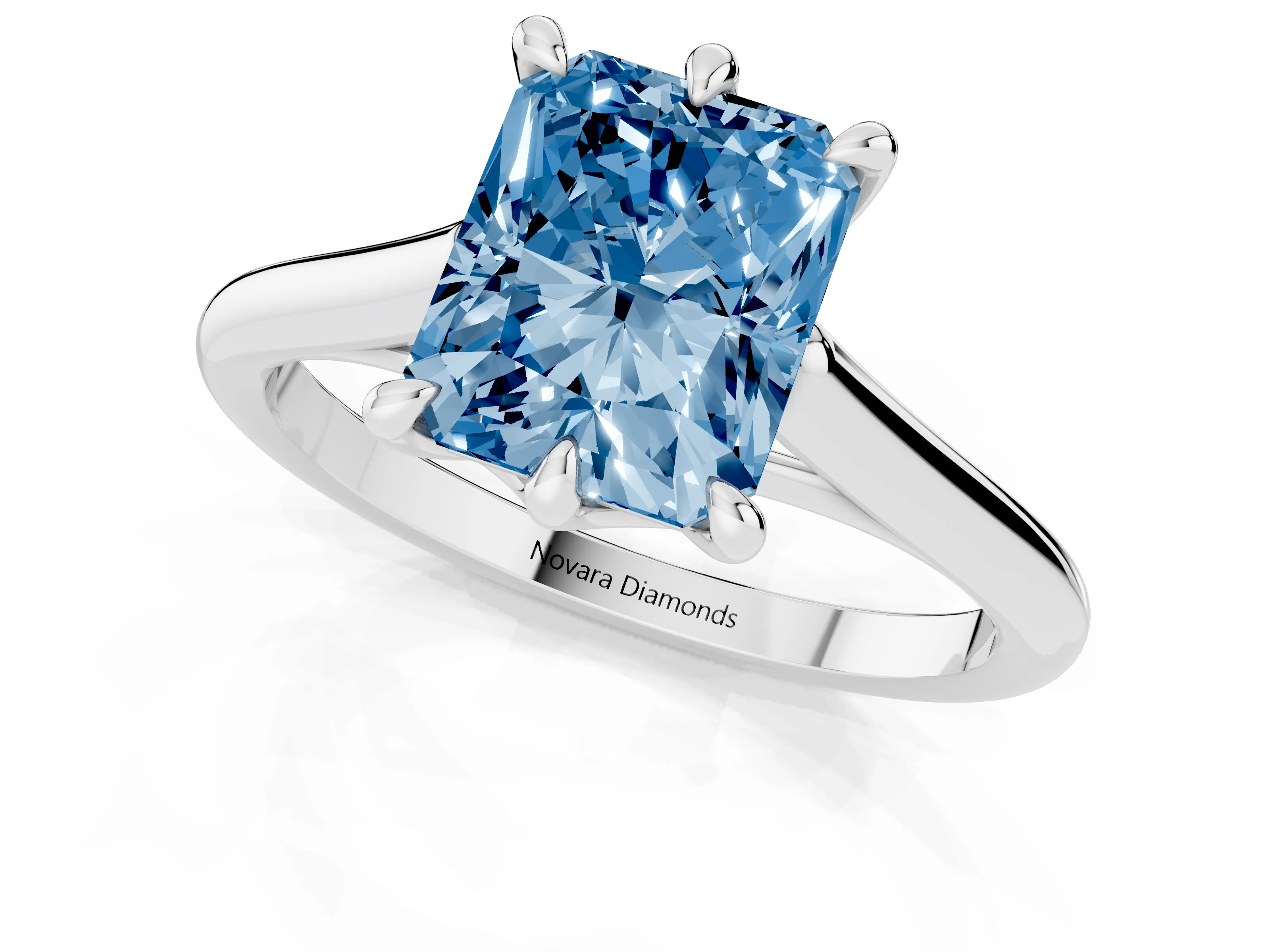 Fancy Blue Radiant Cut Diamond Solitaire Engagement Ring Set in White gold with Prong Setting and Plain Classic Band