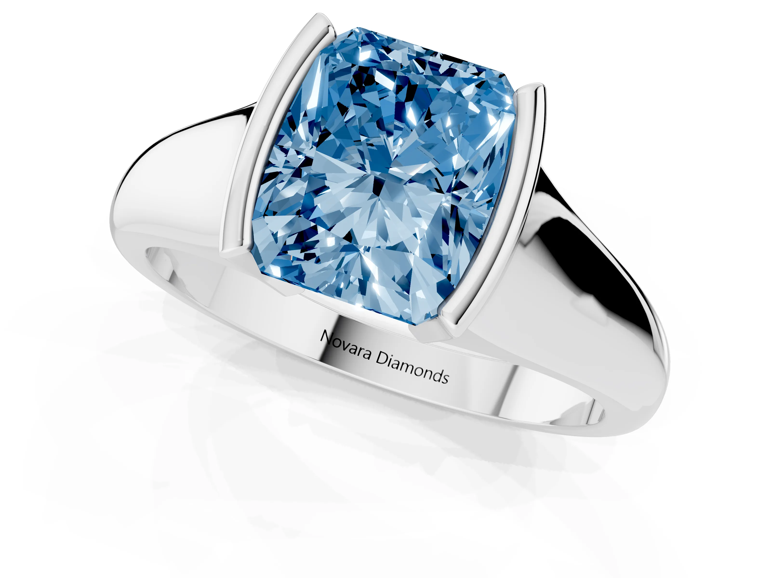 Fancy Blue Radiant Cut Diamond Solitaire Tension Set Ring Set in Platinum with Split Shank Band