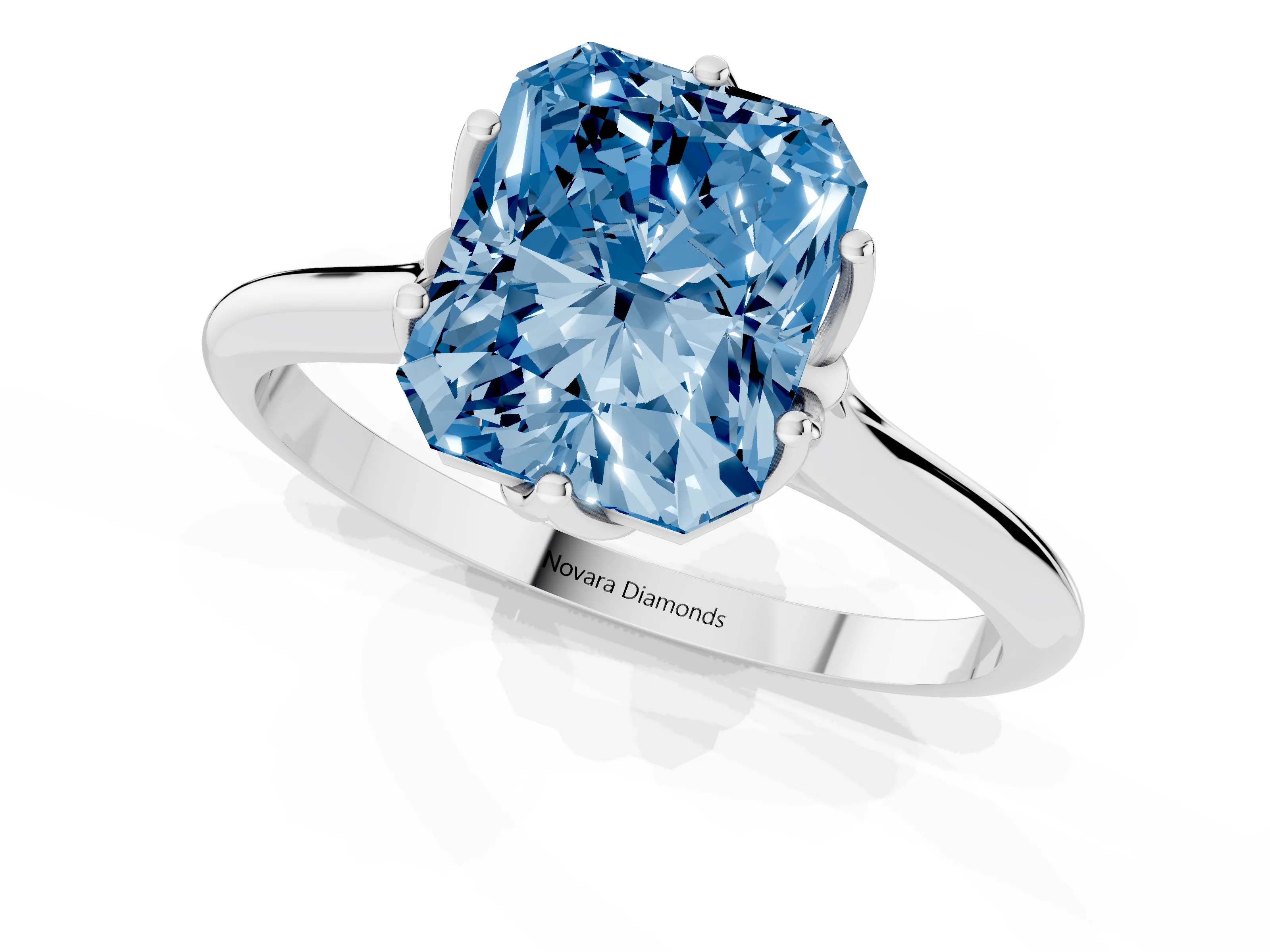 Fancy Blue Radiant Cut Diamond Solitaire Cathedral Ring Set in Silver with Prong Setting