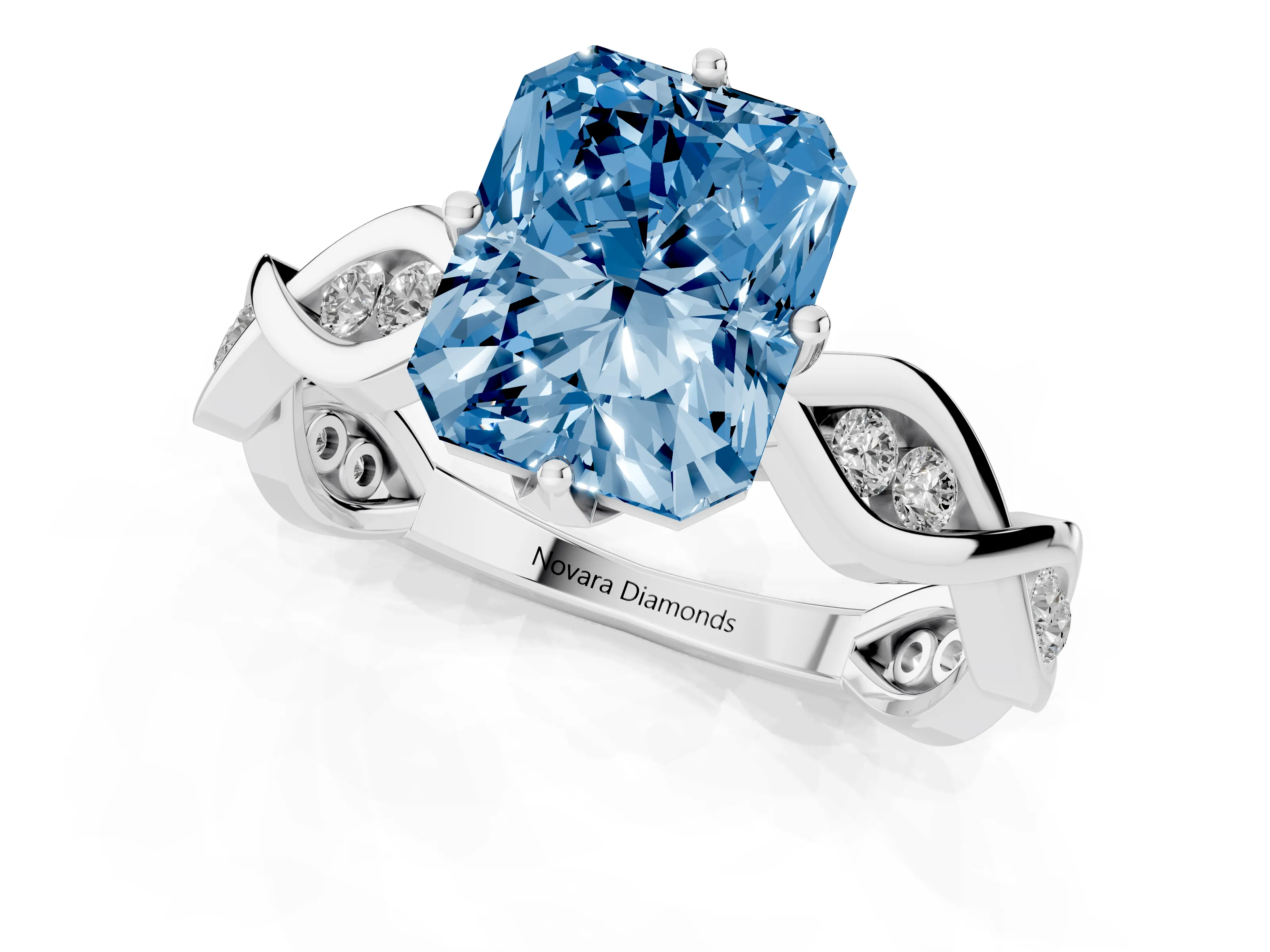 Fancy Blue Radiant Cut Diamond Twist Band Solitaire Ring Set in White gold with Leaf Prong Setting and Accent Stones