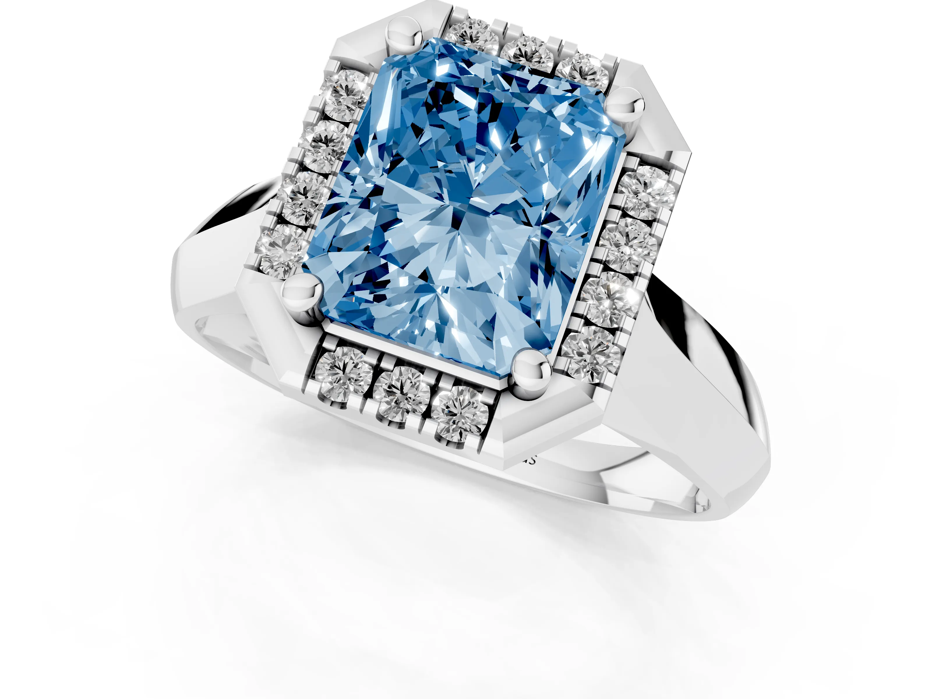 Fancy Blue Radiant Cut Diamond Halo Solitaire Engagement Ring Set in Platinum with Square Band and Prong Setting