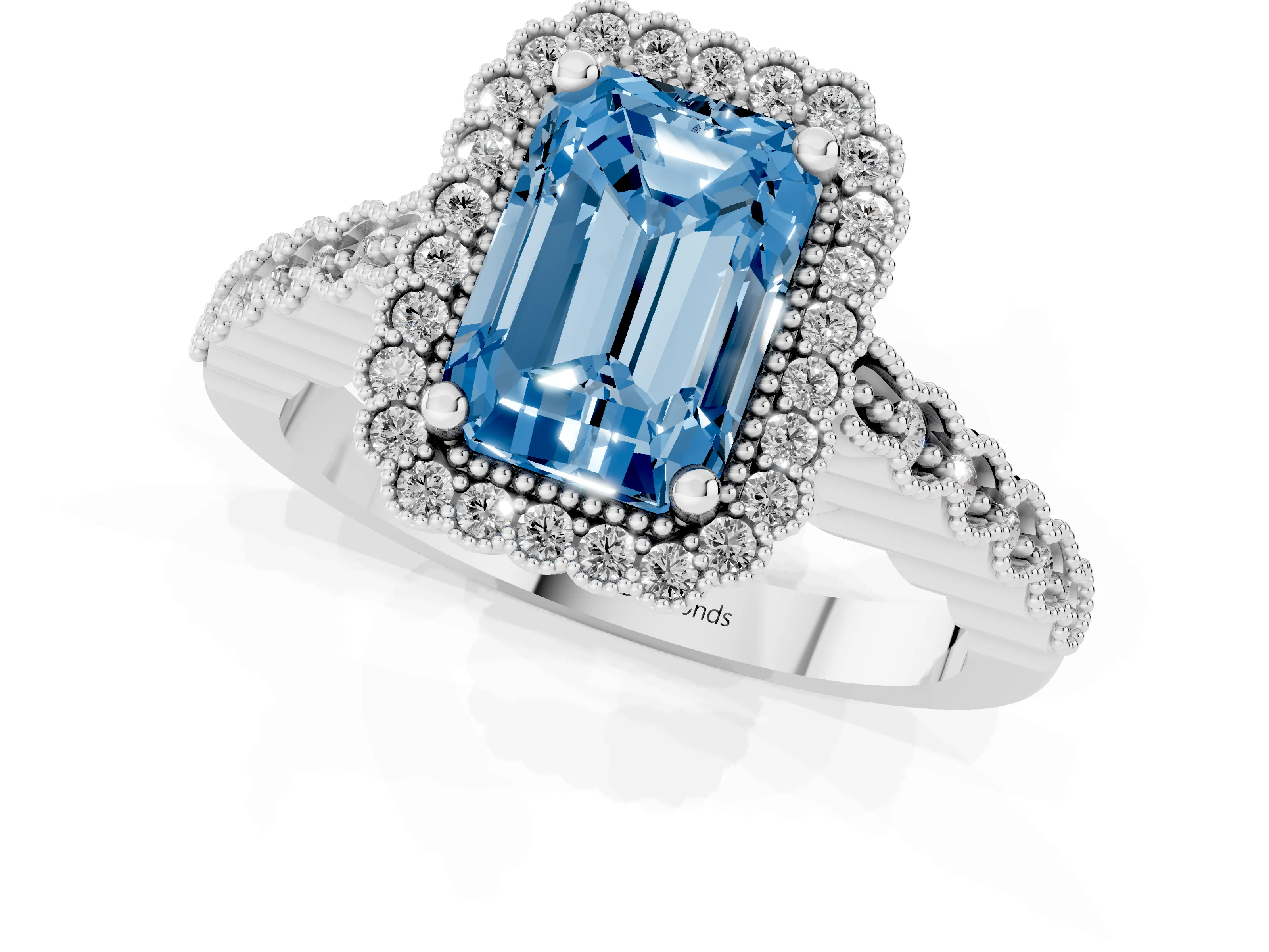 Fancy Blue Radiant Cut Diamond Halo Ring Set in Silver with Pavé Milgrain Band