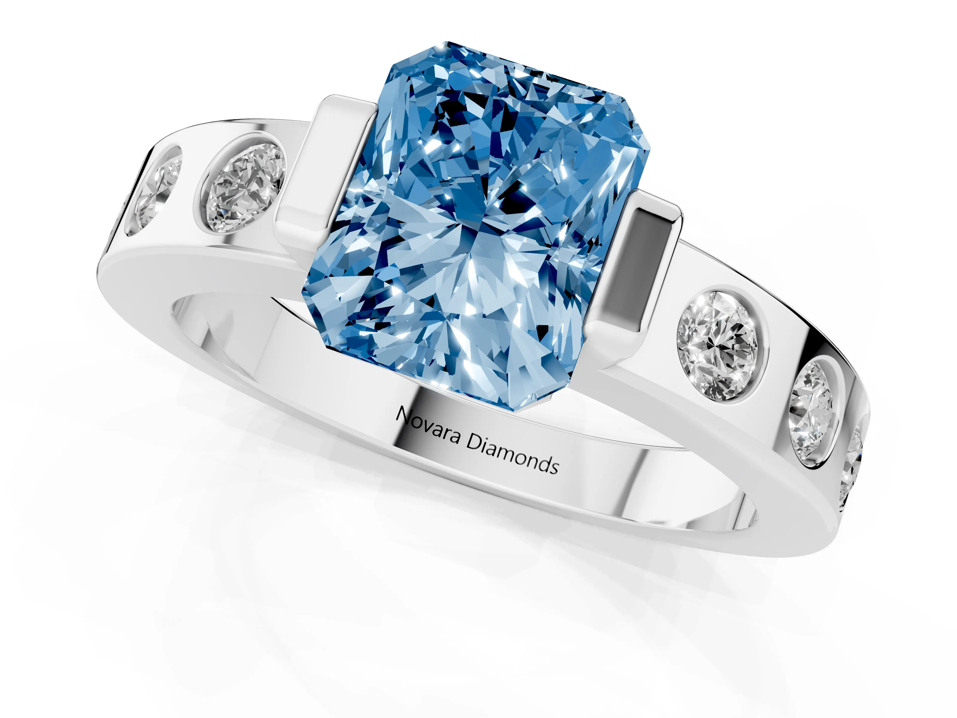 Fancy Blue Radiant Cut Diamond Channel-Set Band Ring Set in White gold with Bezel Prong Setting