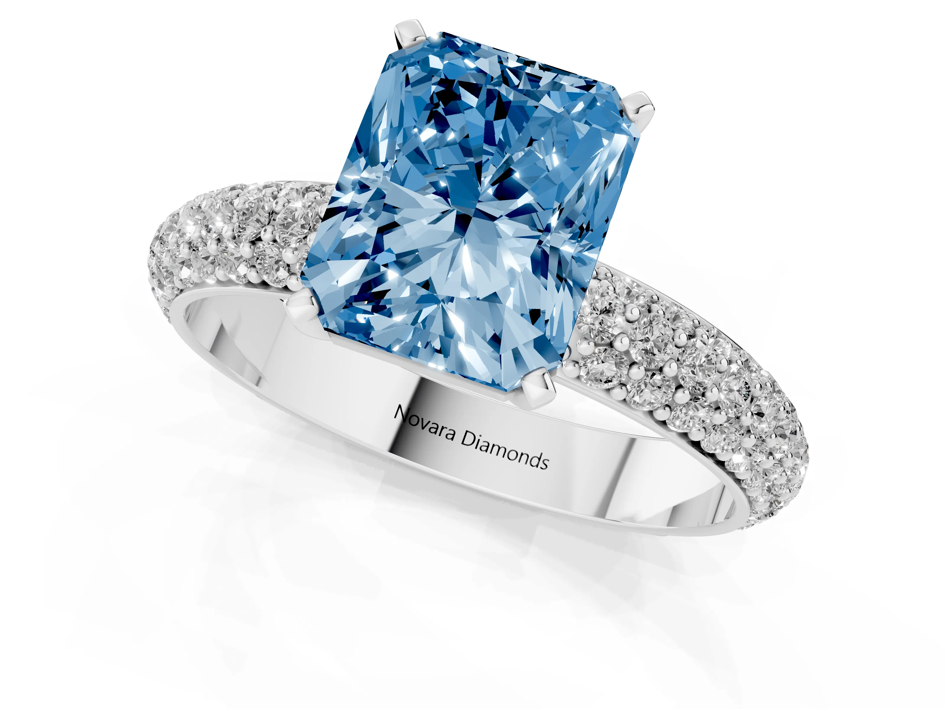 Fancy Blue Radiant Cut Diamond Solitaire Ring Set in Platinum with Prong Setting and Pavé-Set Band