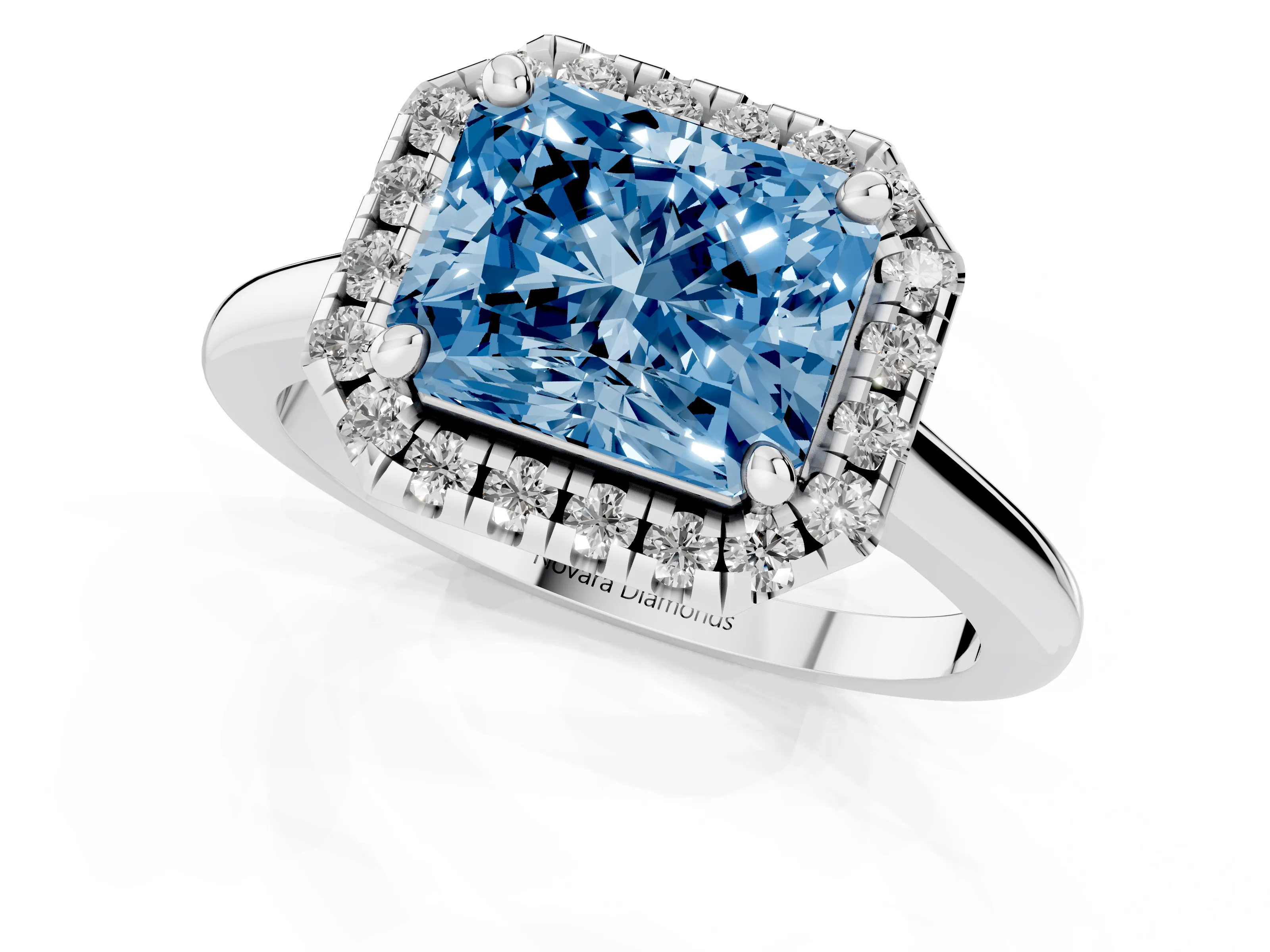 Fancy Blue Radiant Cut Diamond Halo Engagement Ring Set in Silver with Pavé Band and Rising Shoulders