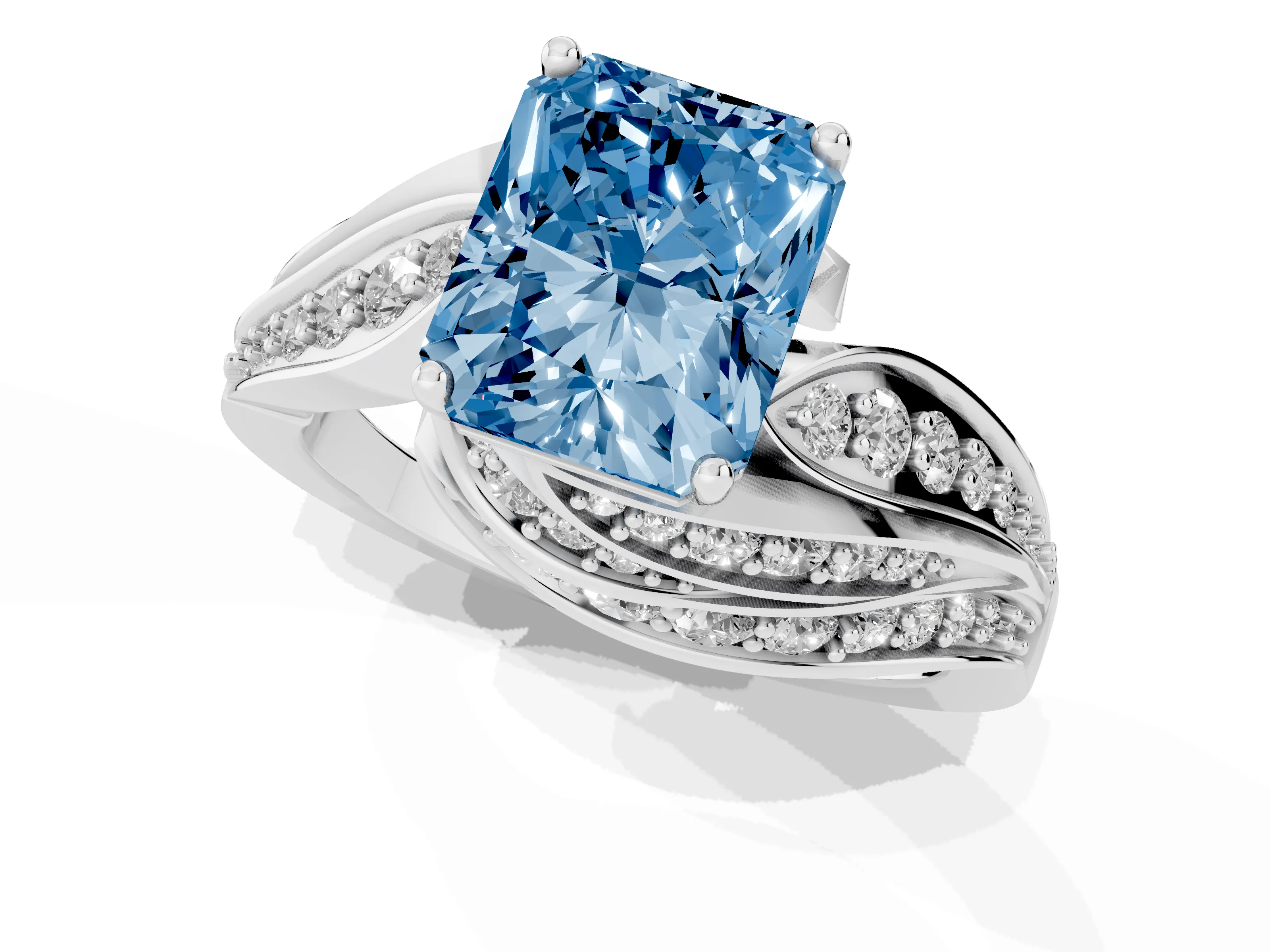 Fancy Blue Radiant Cut Diamond Solitaire Ring Set in White gold with Layered Twist Pavé Band