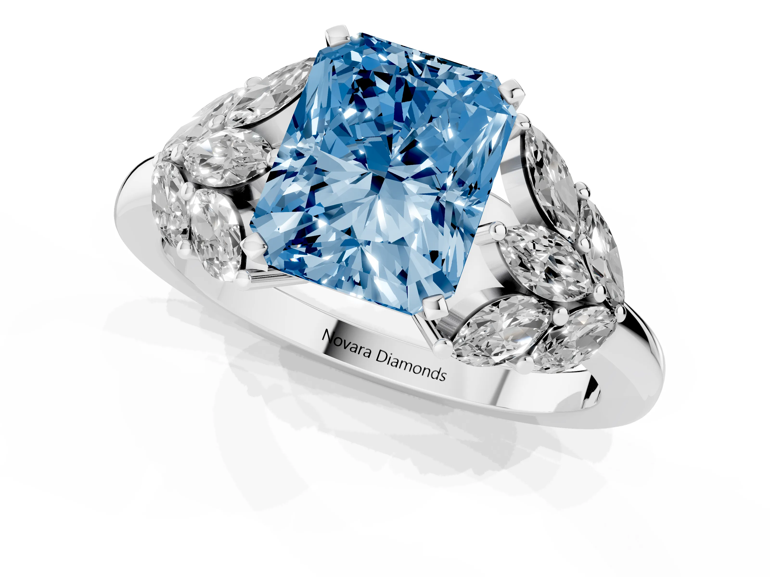 Fancy Blue Radiant Cut Diamond Cluster Leaf Design Ring Set in White gold with Prong Setting