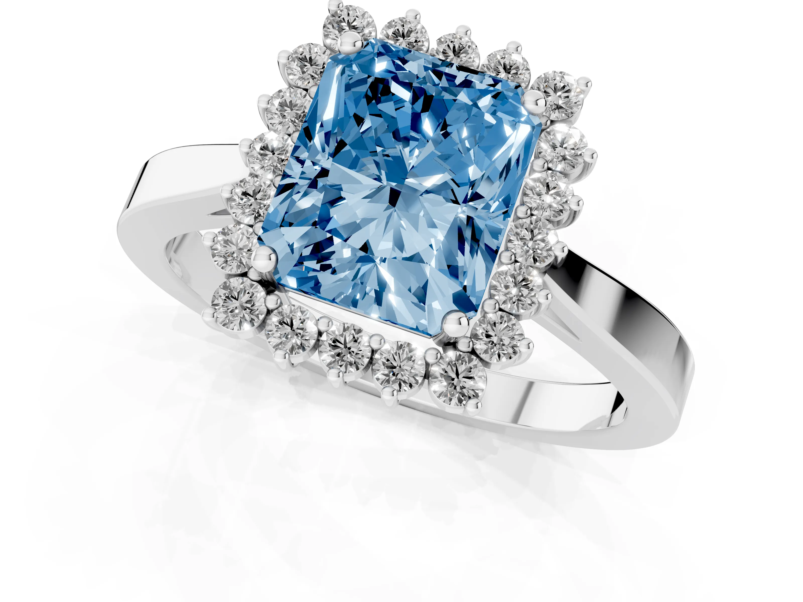 Fancy Blue Radiant Cut Diamond Halo Ring Set in White gold with Round Halo and Smooth Solitaire Band