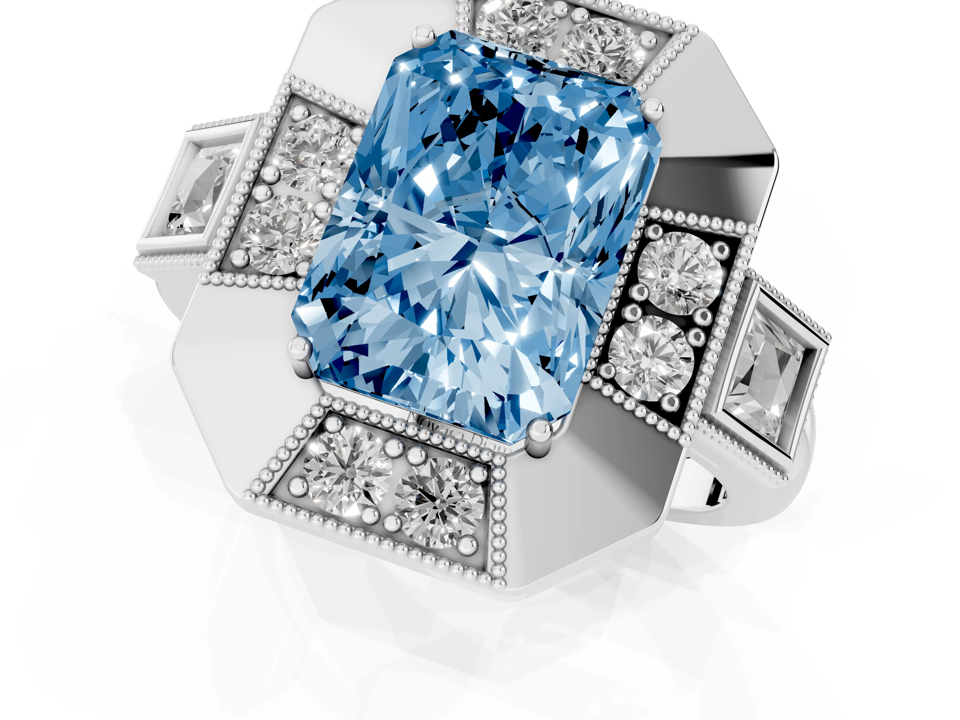 Fancy Blue Radiant Cut Diamond Milgrain Halo Ring Set in Platinum with Split Shank