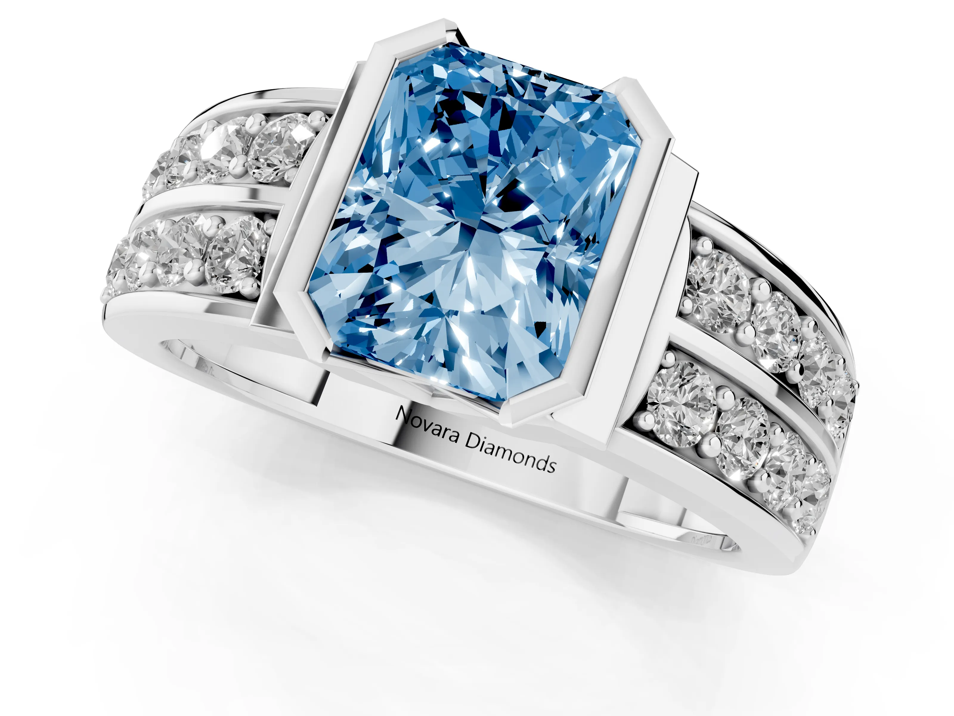 Fancy Blue Radiant Cut Diamond Wide Channel Set Band Ring Set in White gold with Bezel Setting