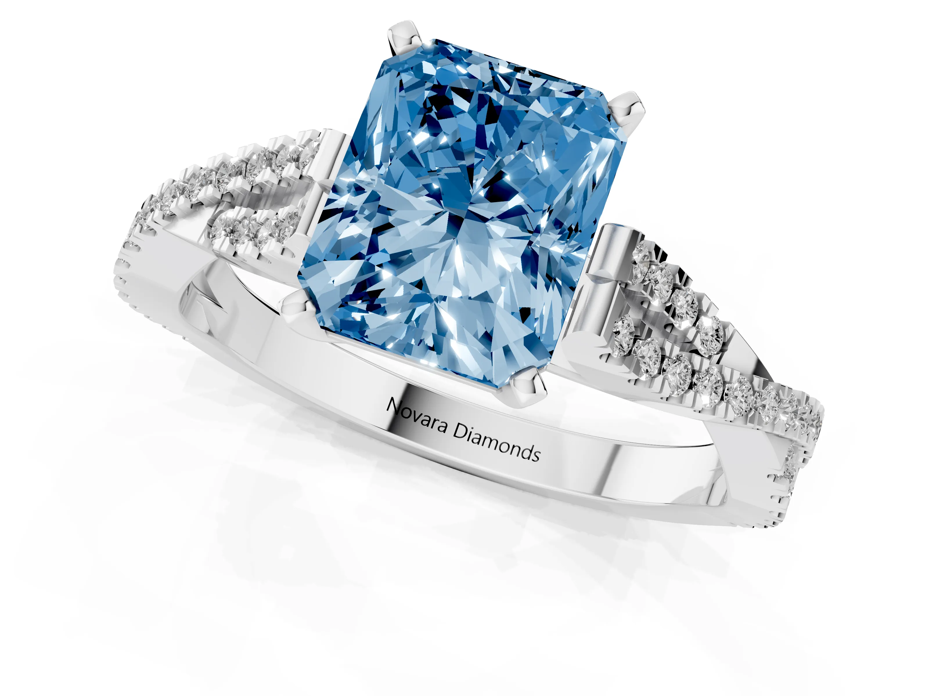 Fancy Blue Radiant Cut Diamond Solitaire Engagement Ring Set in Platinum with Twisted Pavé Band and Prong Setting