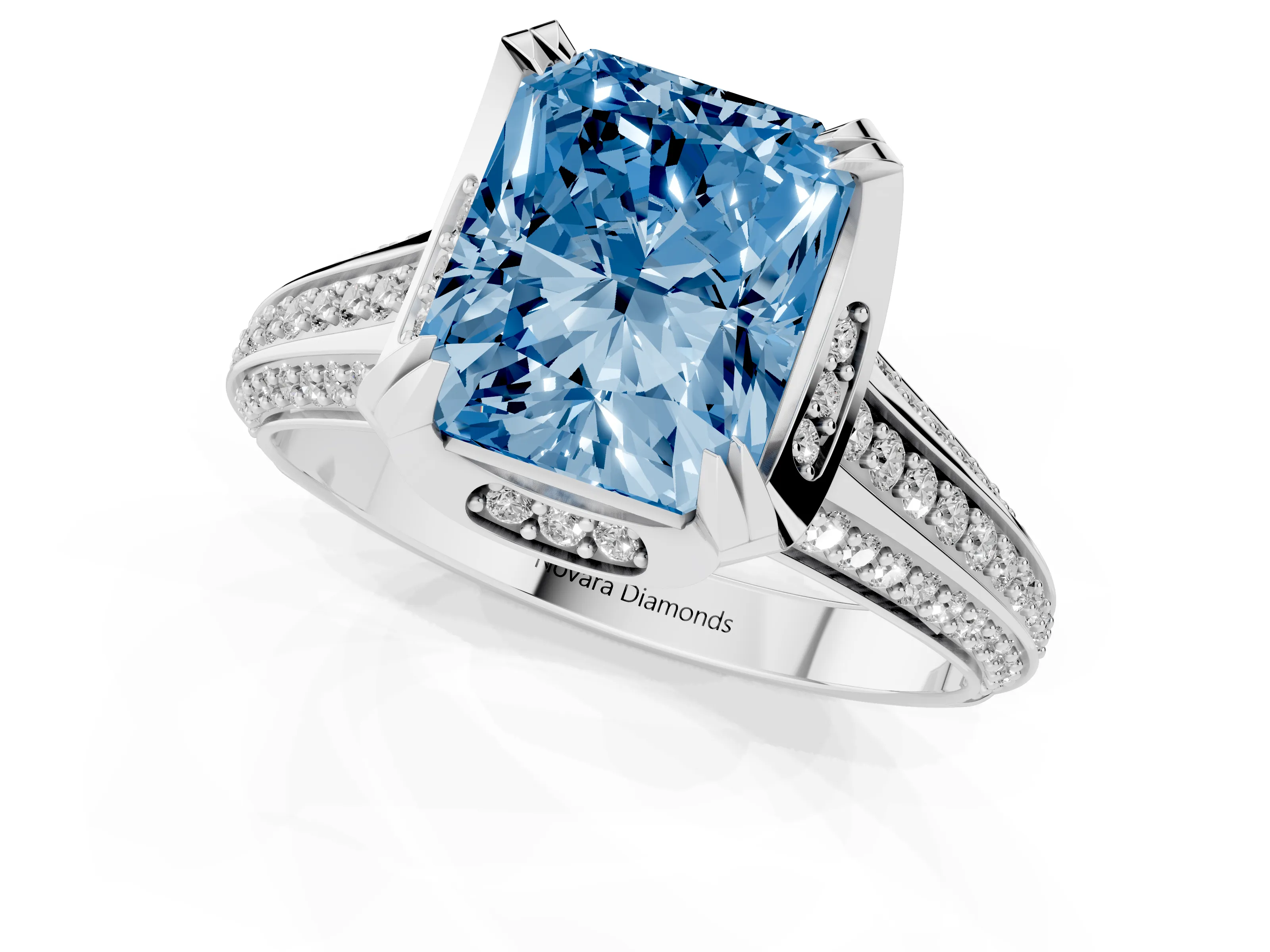 Fancy Blue Radiant Cut Diamond Pavé Split Shank Solitaire Ring Set in Silver with Prong Setting