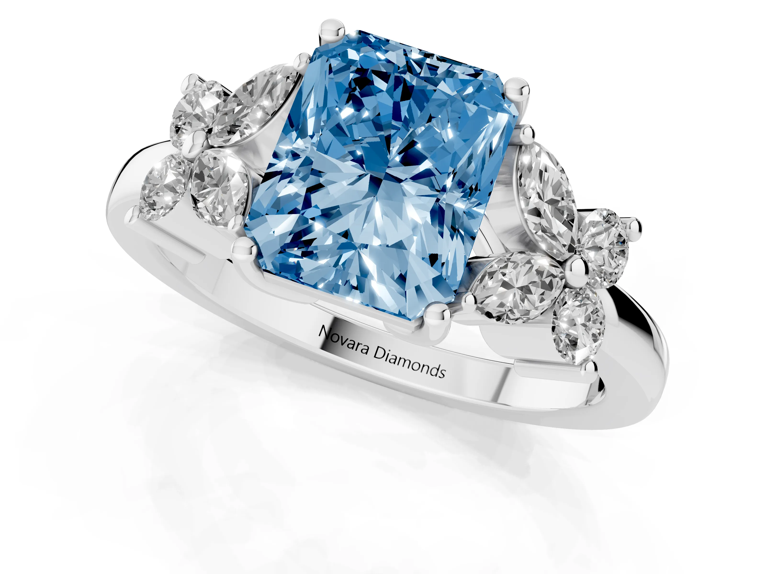 Fancy Blue Radiant Cut Diamond Floral Cluster Ring Set in Silver with Marquise Petals and Prong Setting