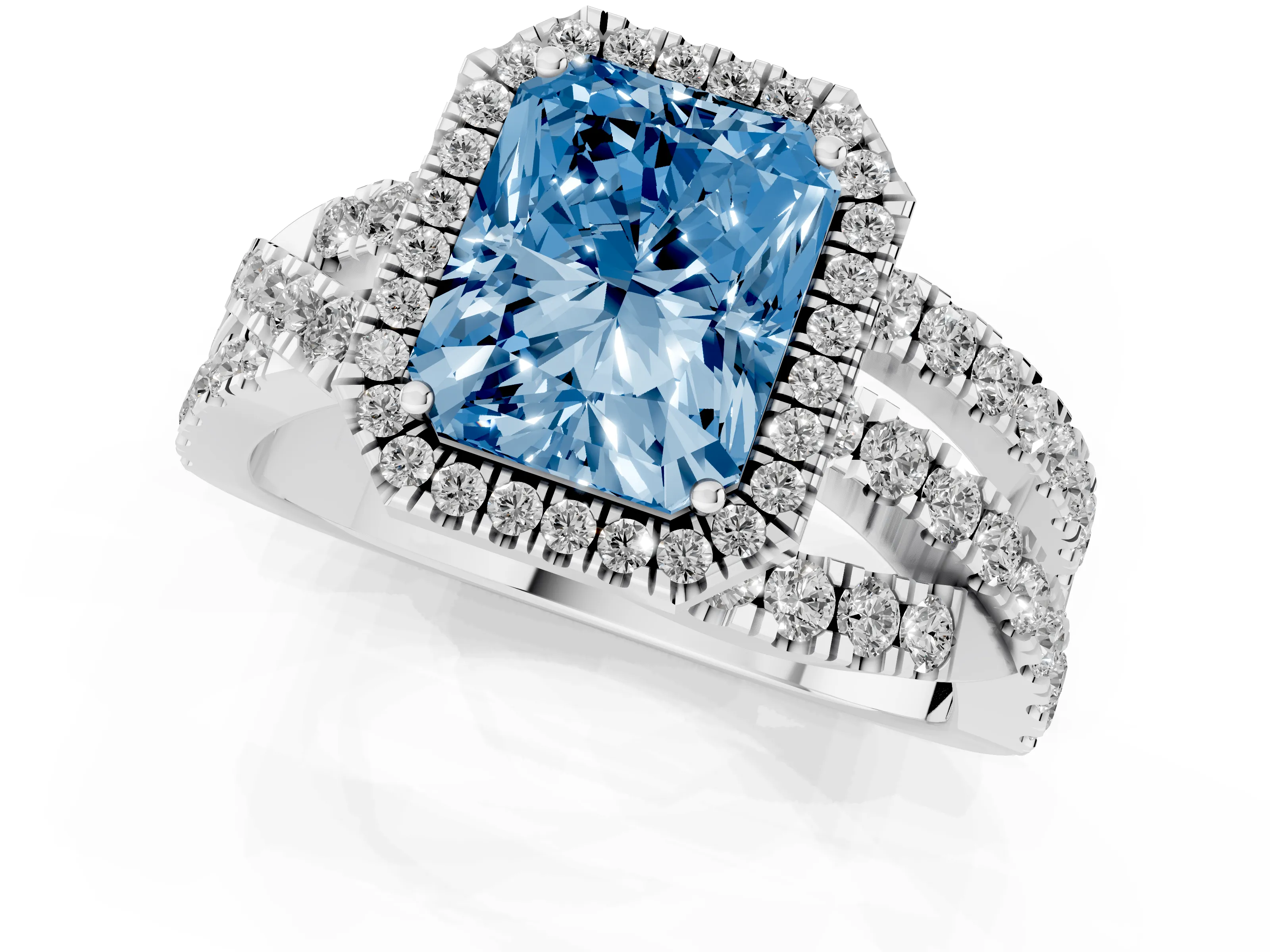 Fancy Blue Radiant Cut Diamond Halo Ring Set in Platinum with Round Crossover Split Shank and Prong Setting