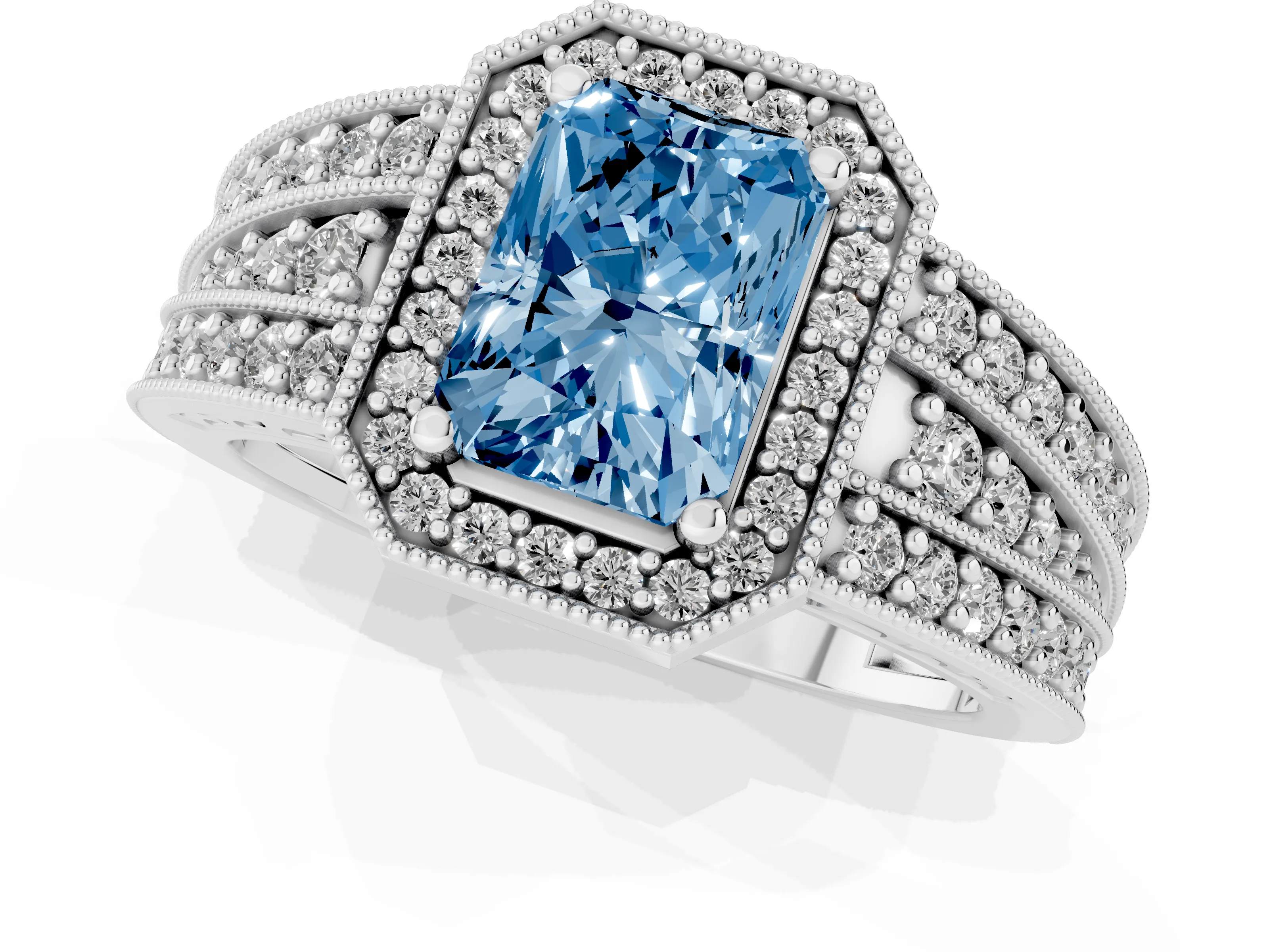 Fancy Blue Radiant Cut Diamond Halo Ring Set in Silver with Accent Split Shank and Prong Setting