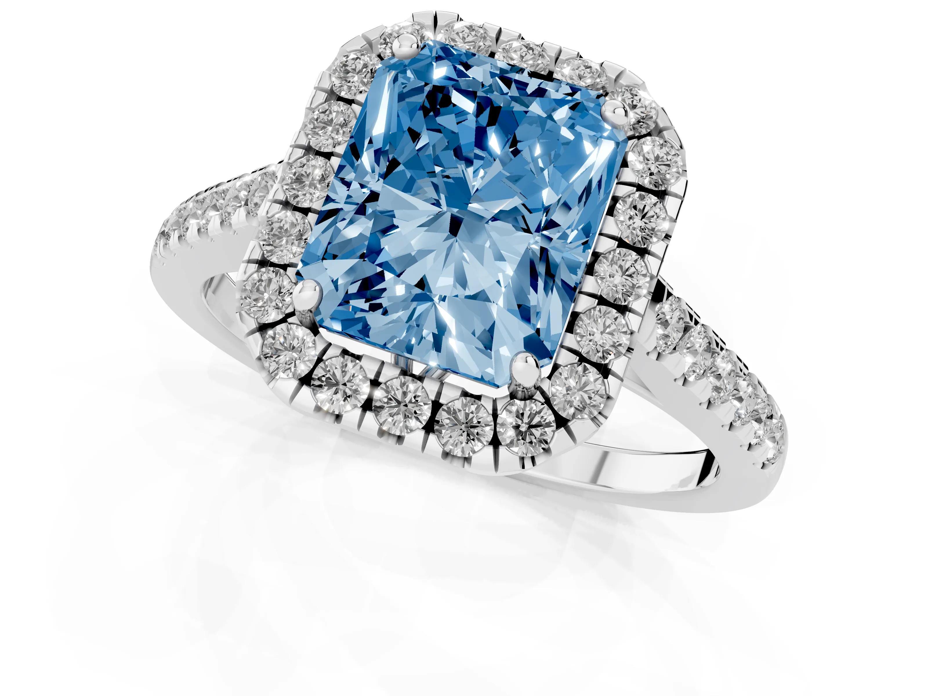 Fancy Blue Radiant Cut Diamond Pavé Halo Engagement Ring Set in White gold with Pavé Band and Prong Setting