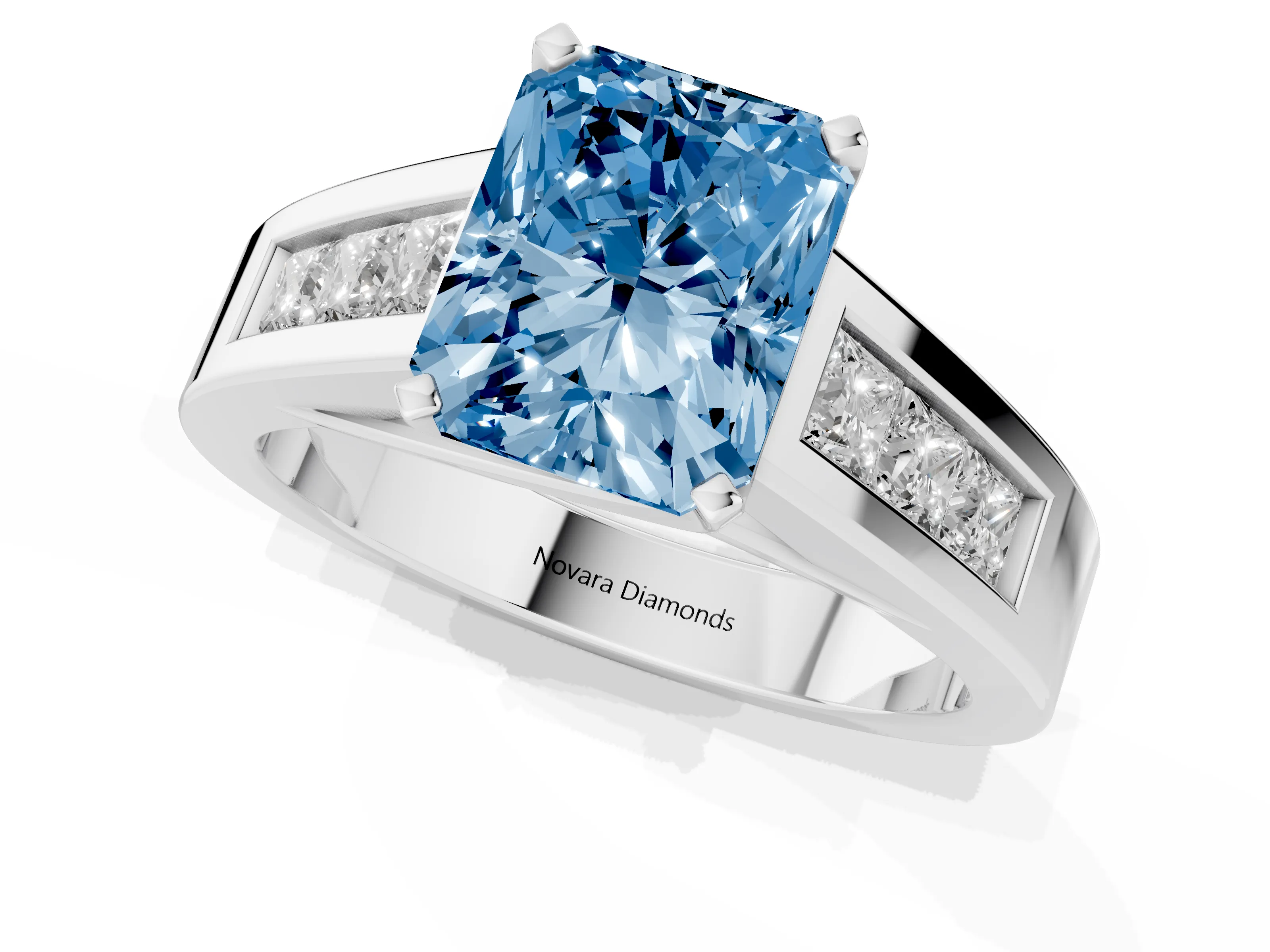 Fancy Blue Radiant Cut Diamond Solitaire Ring Set in Silver with Channel-Set Accent Stones and Prong Setting