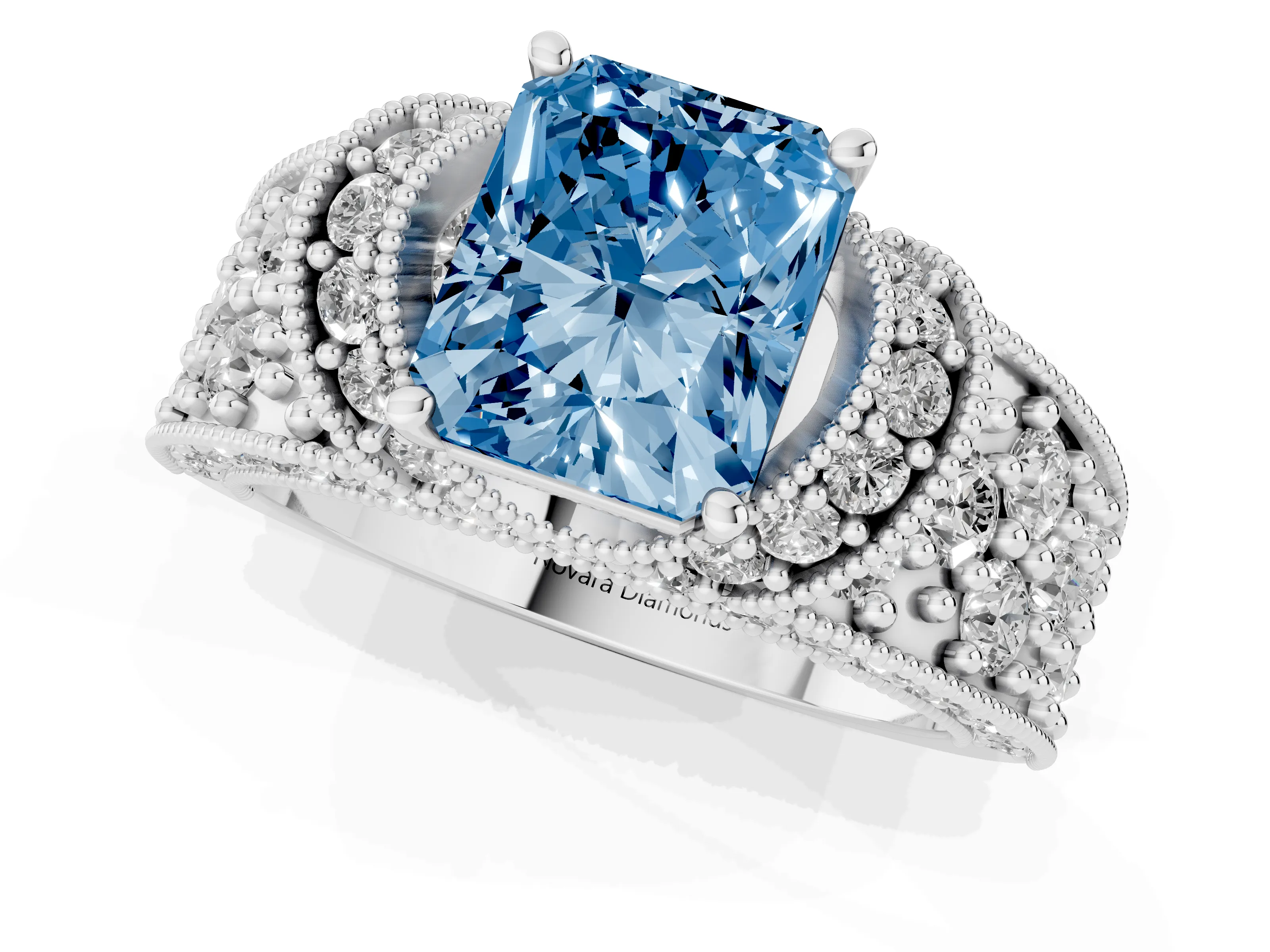Fancy Blue Radiant Cut Diamond Milgrain Halo Pavé Engagement Ring Set in Platinum with Prong Setting